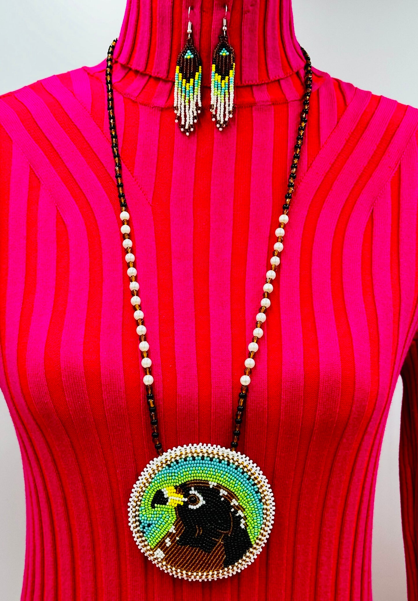 Handmade beaded Hawk Brown necklace earrings set