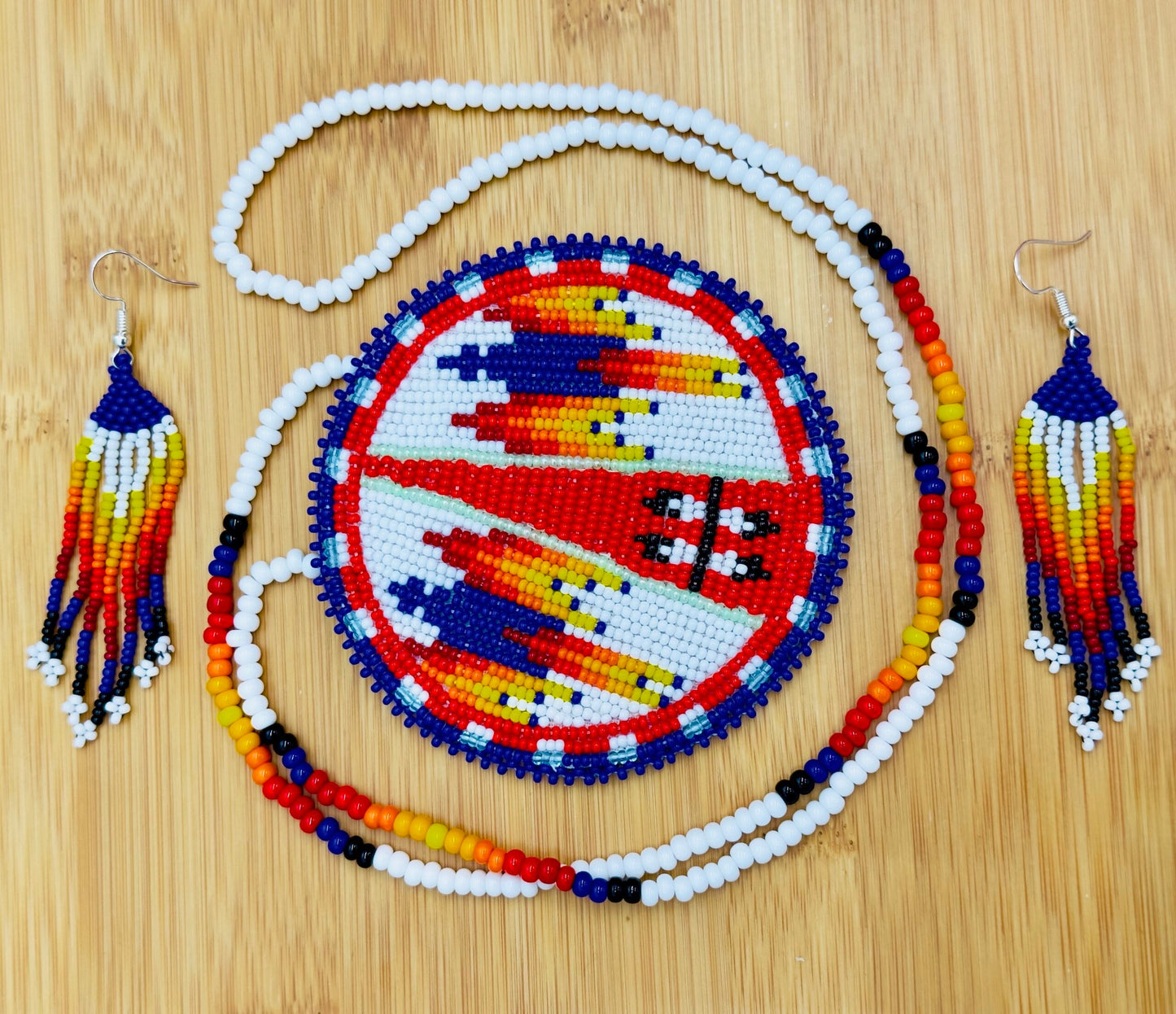 Handmade beaded White Deep blue medallion necklace earrings set