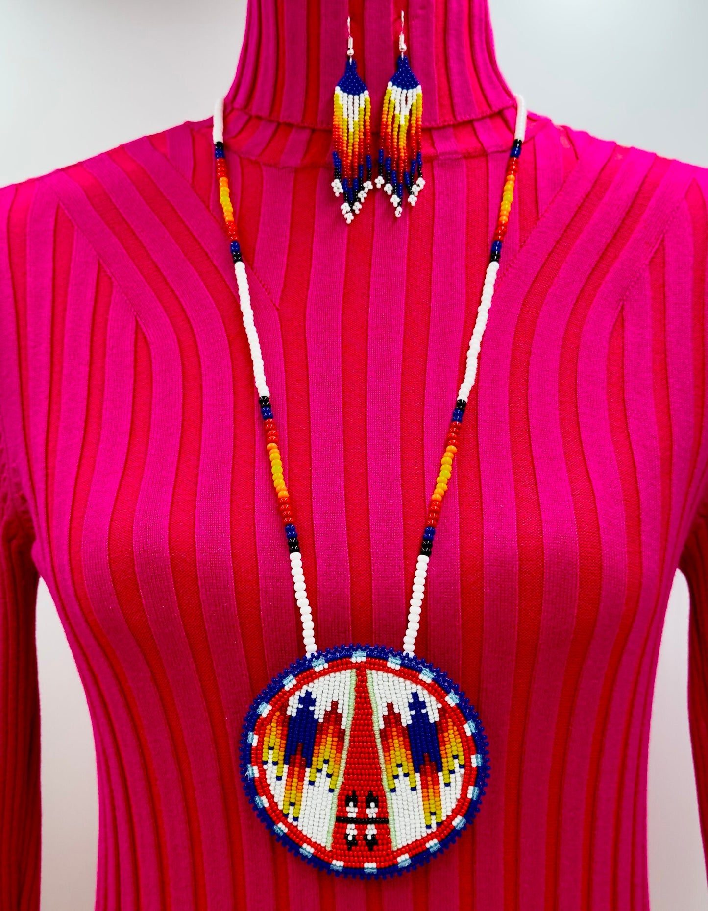 Handmade beaded White Deep blue medallion necklace earrings set