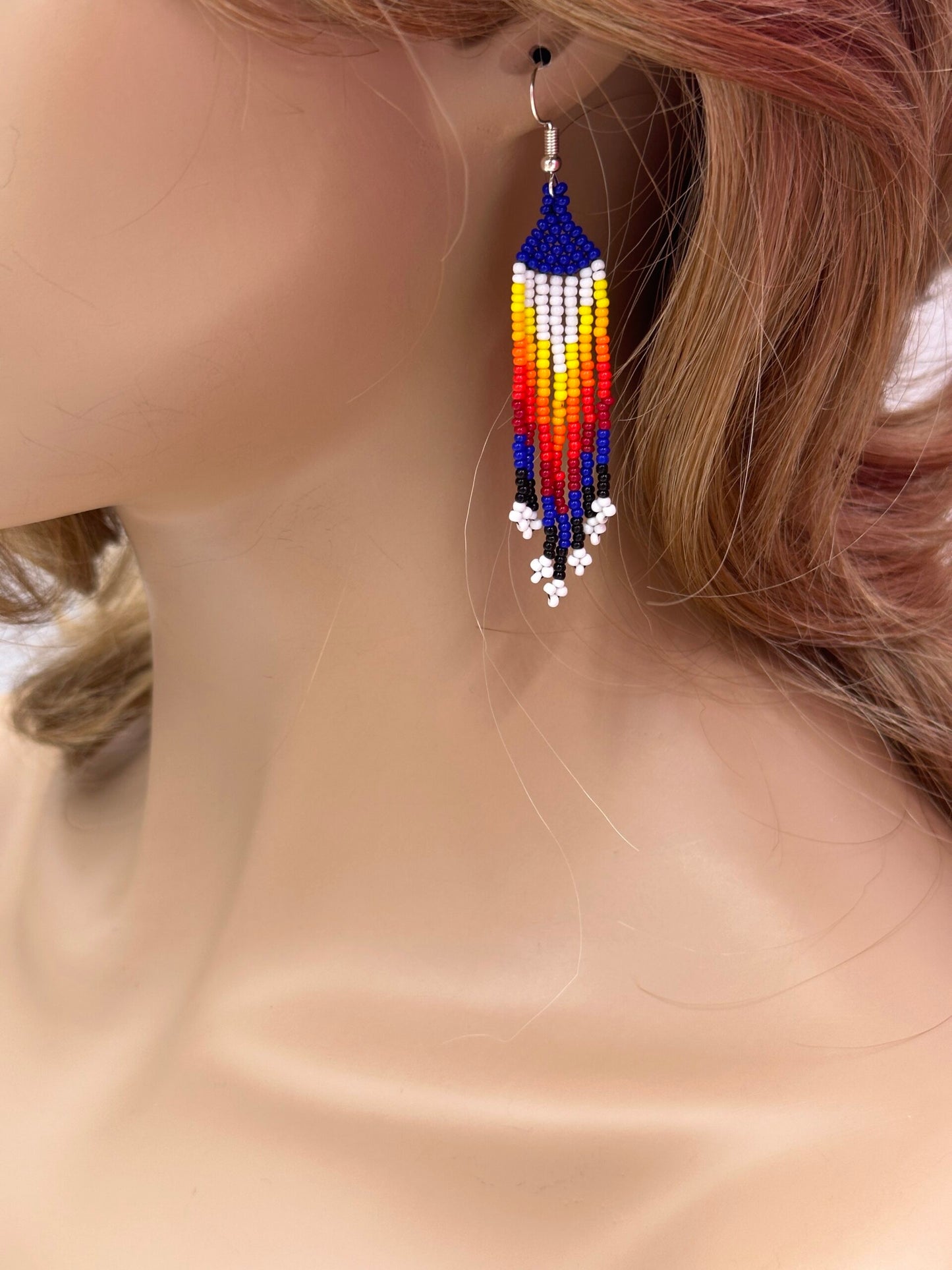 Handmade beaded White Deep blue medallion necklace earrings set