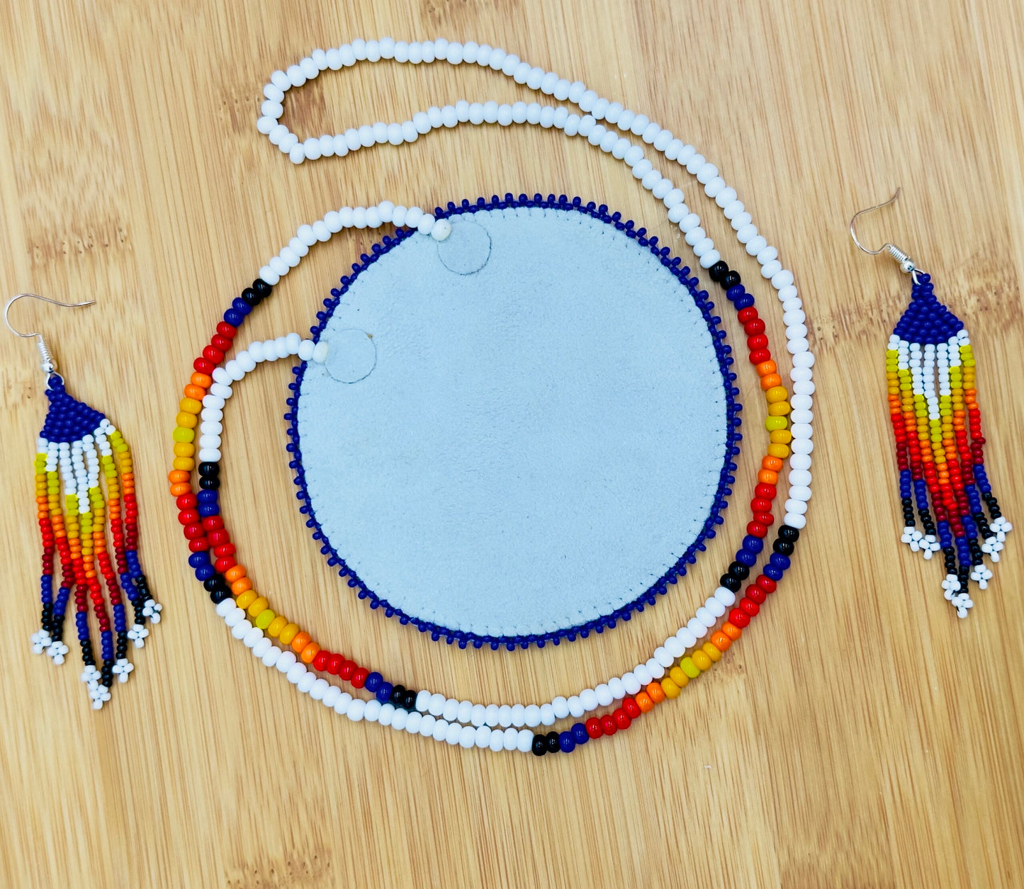 Handmade beaded White Deep blue medallion necklace earrings set