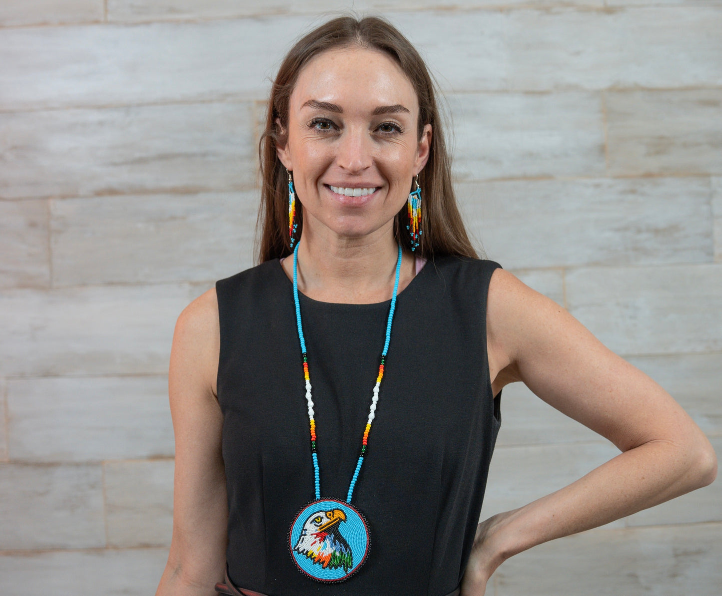 Handmade beaded Cyan Blue Eagle necklace earrings set
