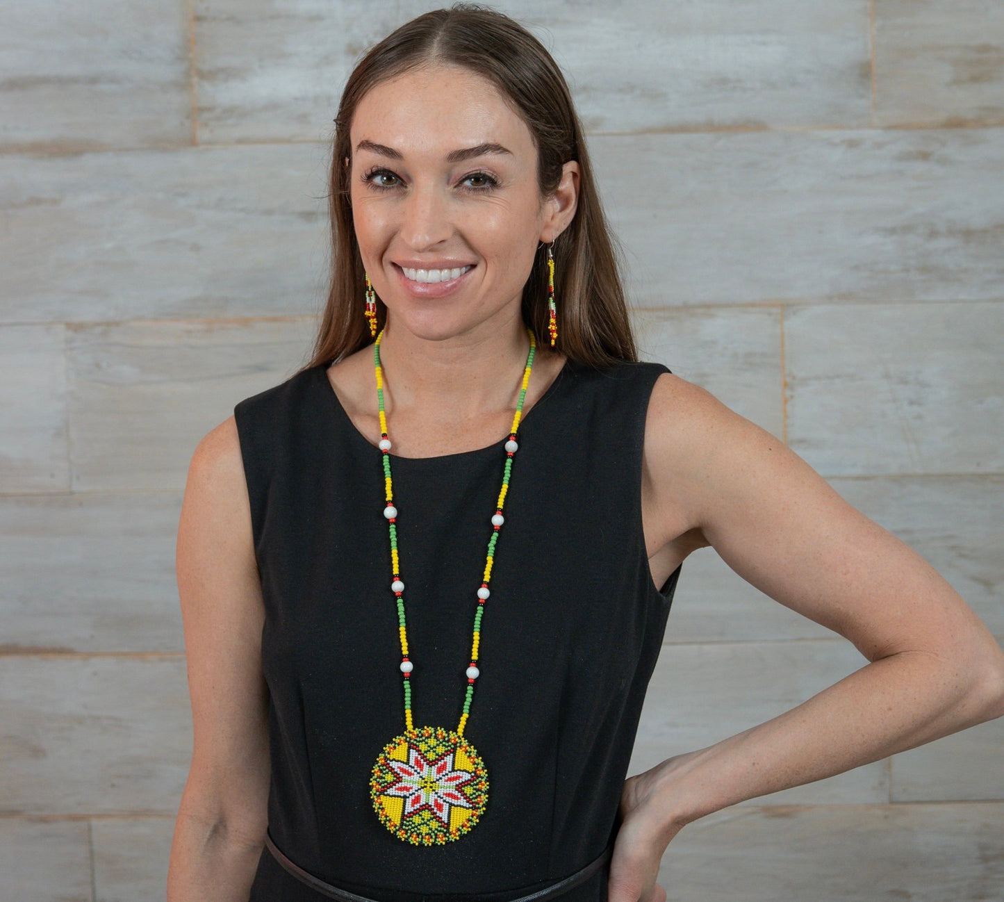 Handmade beaded Yellow Flower Medallion necklace earrings set