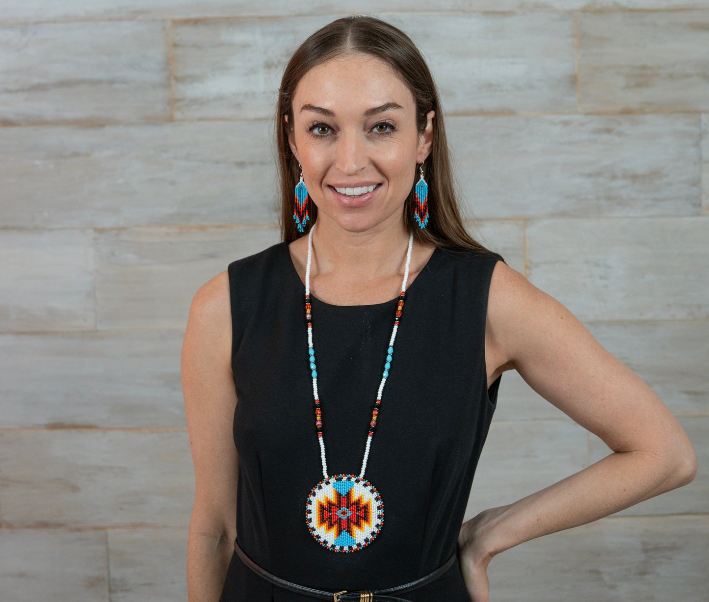 Handmade beaded White Red medallion necklace earrings set