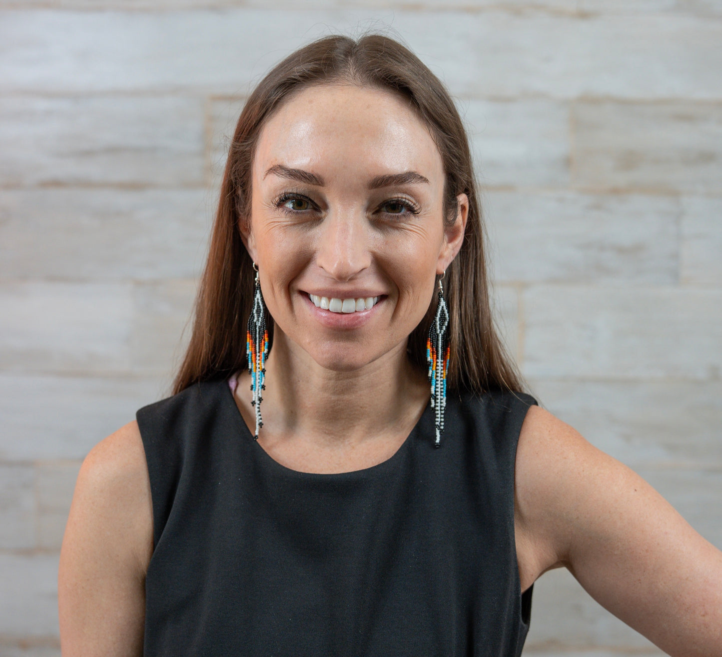 Handmade Beaded Native Style Black Multi-Color Hook Earrings