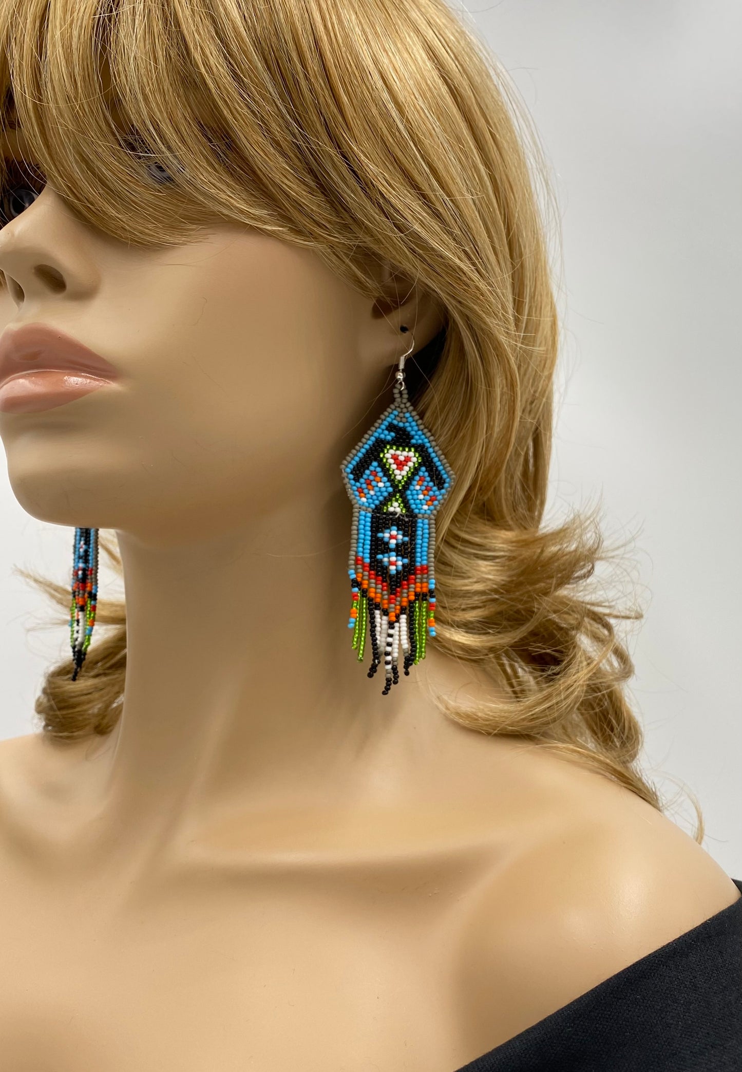 Handmade Blue Black Beaded Thunderbird Earrings