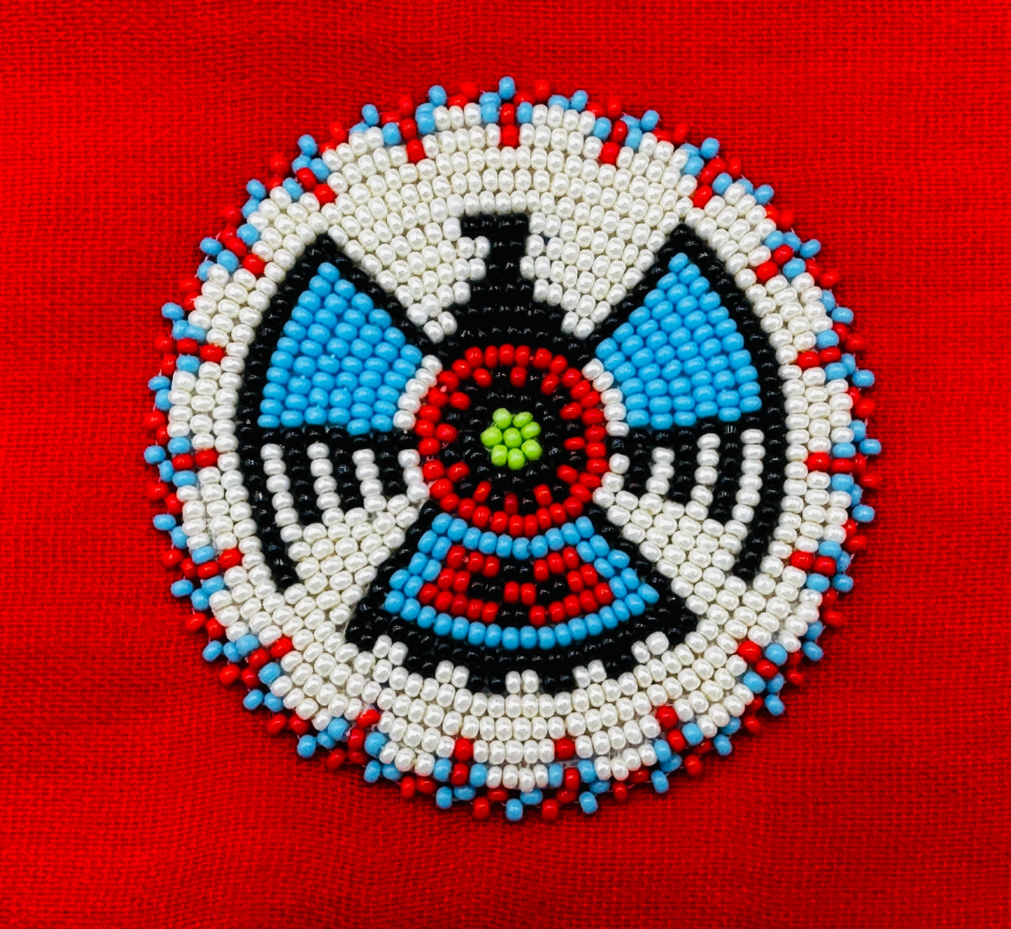 Handmade Cream Red Thunderbird Beaded Rosette 2.5 inches