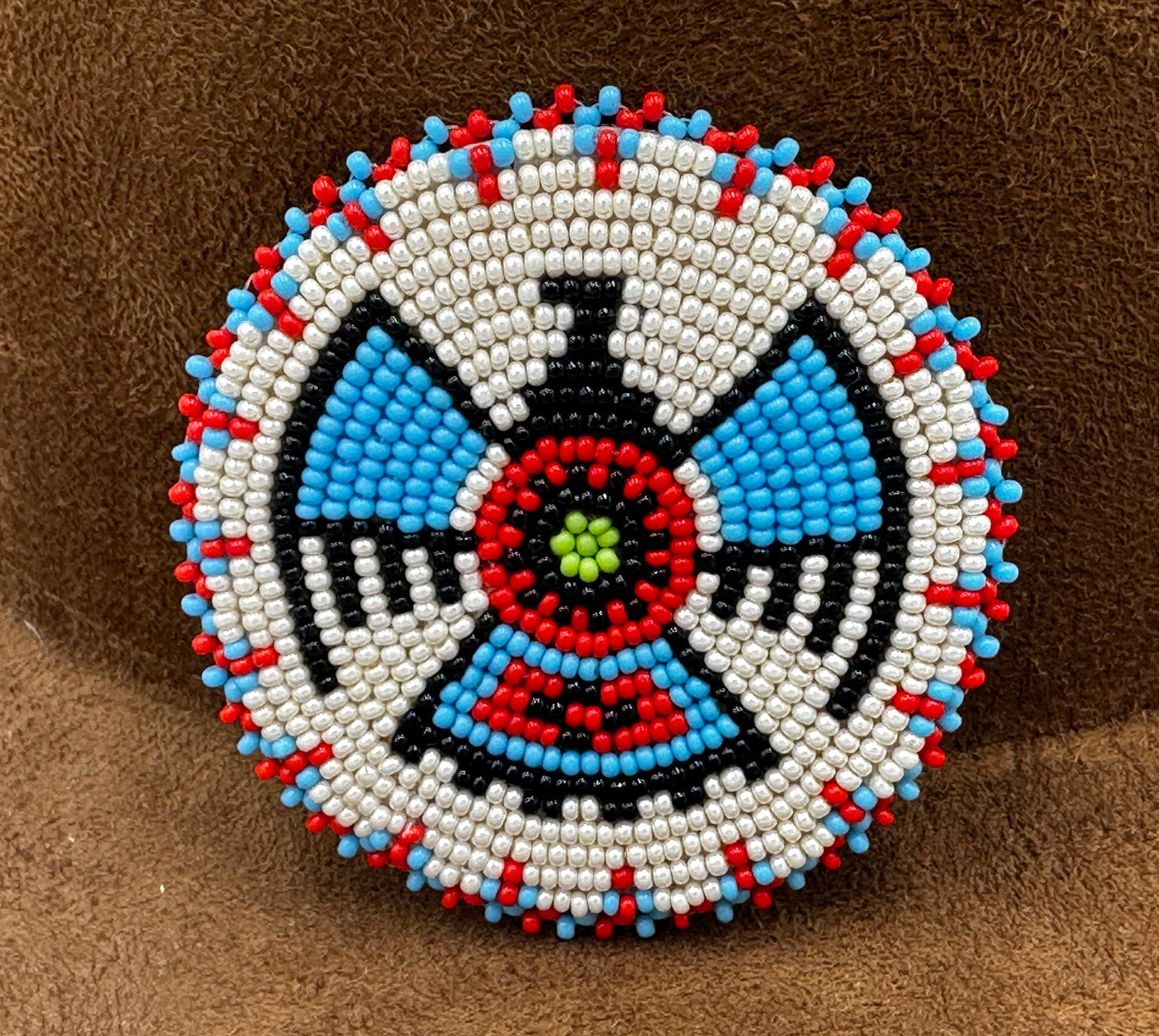 Handmade Cream Red Thunderbird Beaded Rosette 2.5 inches