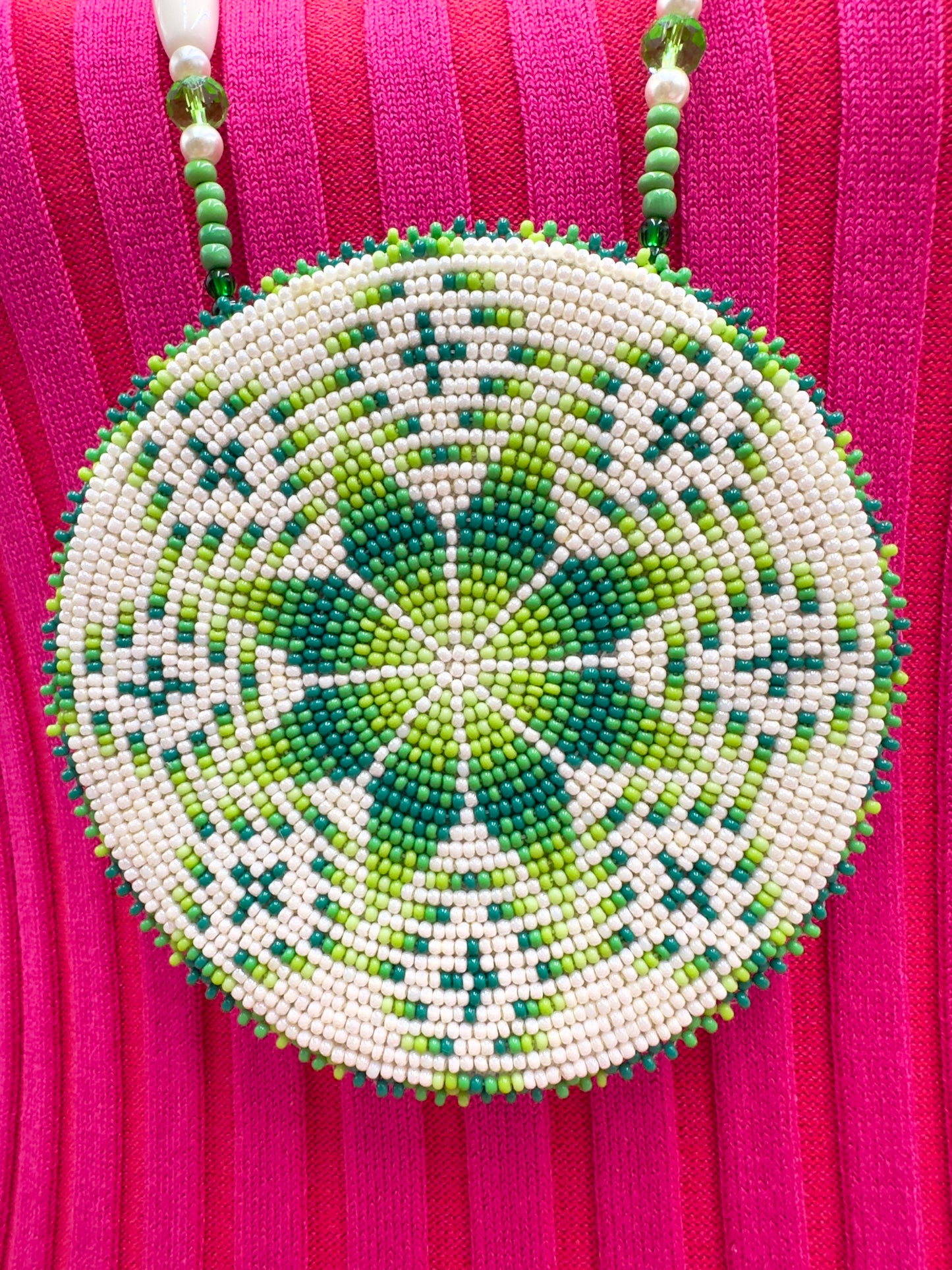 Handmade beaded 4" Green Flower/Starburst necklace Earrings set