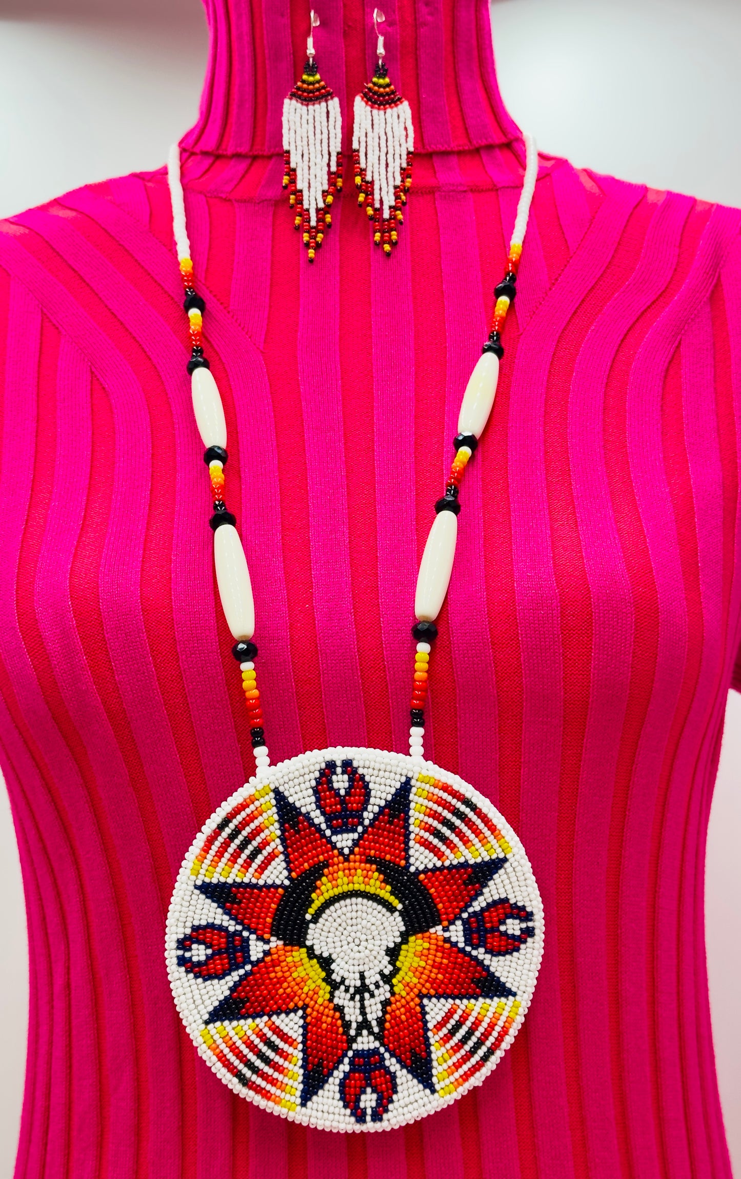 Handmade White Red Beaded Necklace Earrings Set with Pendant