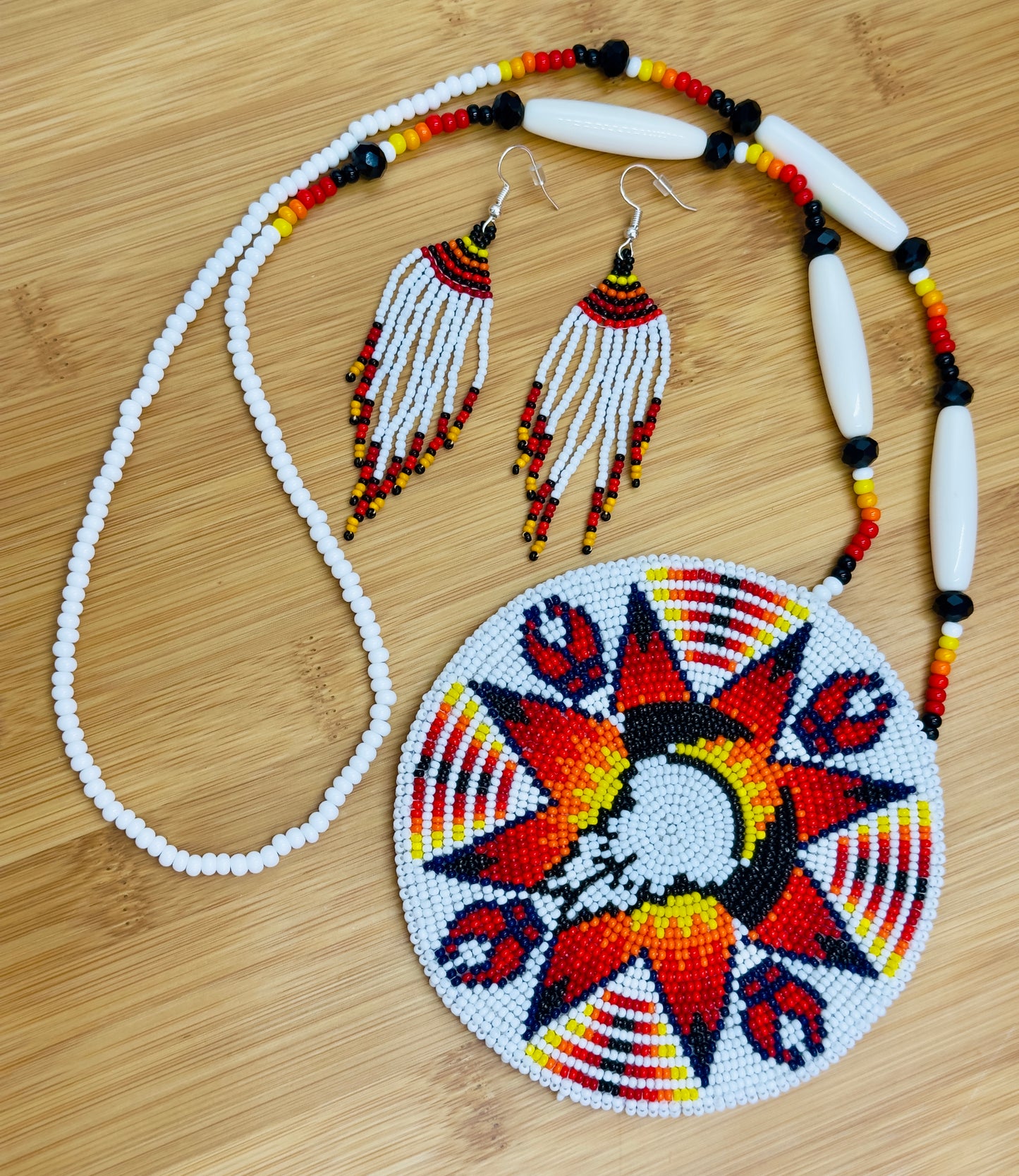 Handmade White Red Beaded Necklace Earrings Set with Pendant