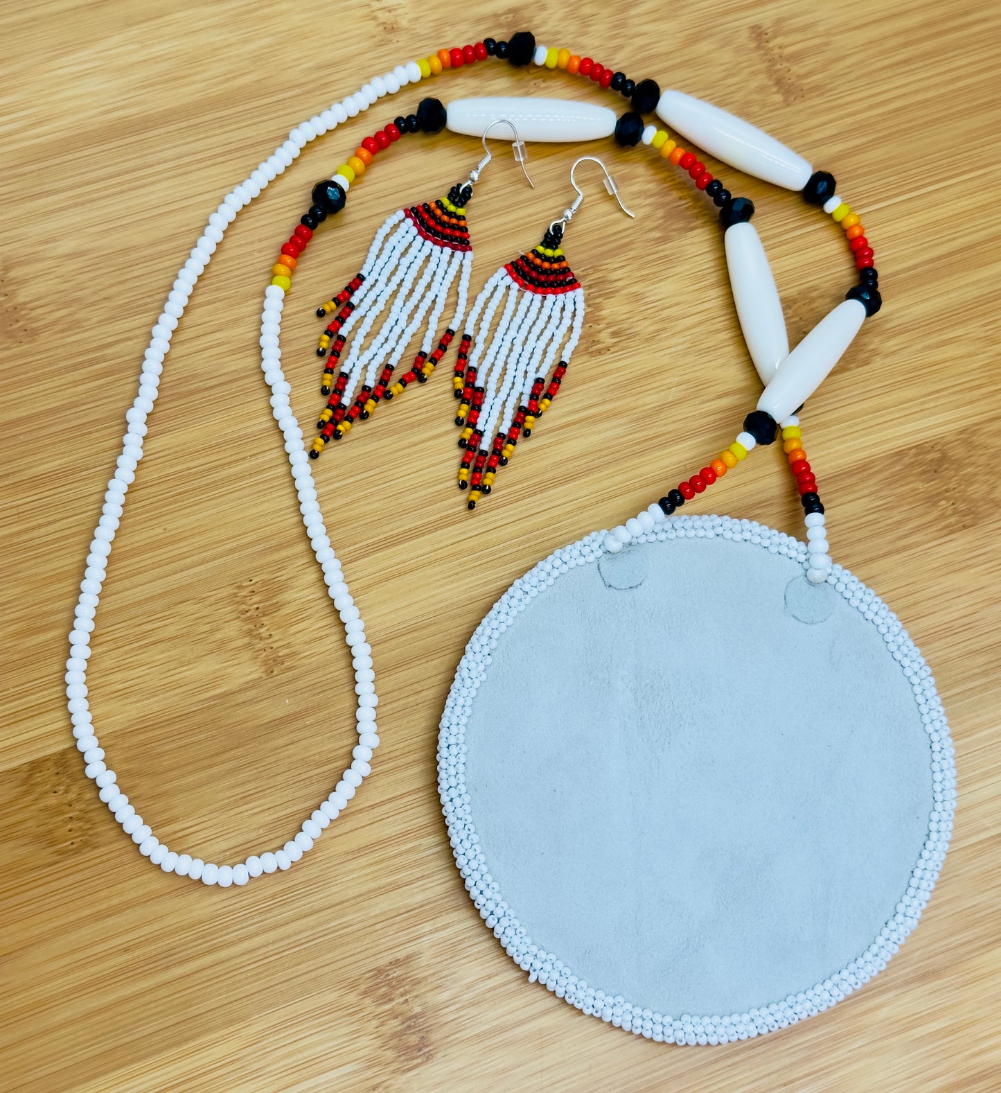 Handmade White Red Beaded Necklace Earrings Set with Pendant