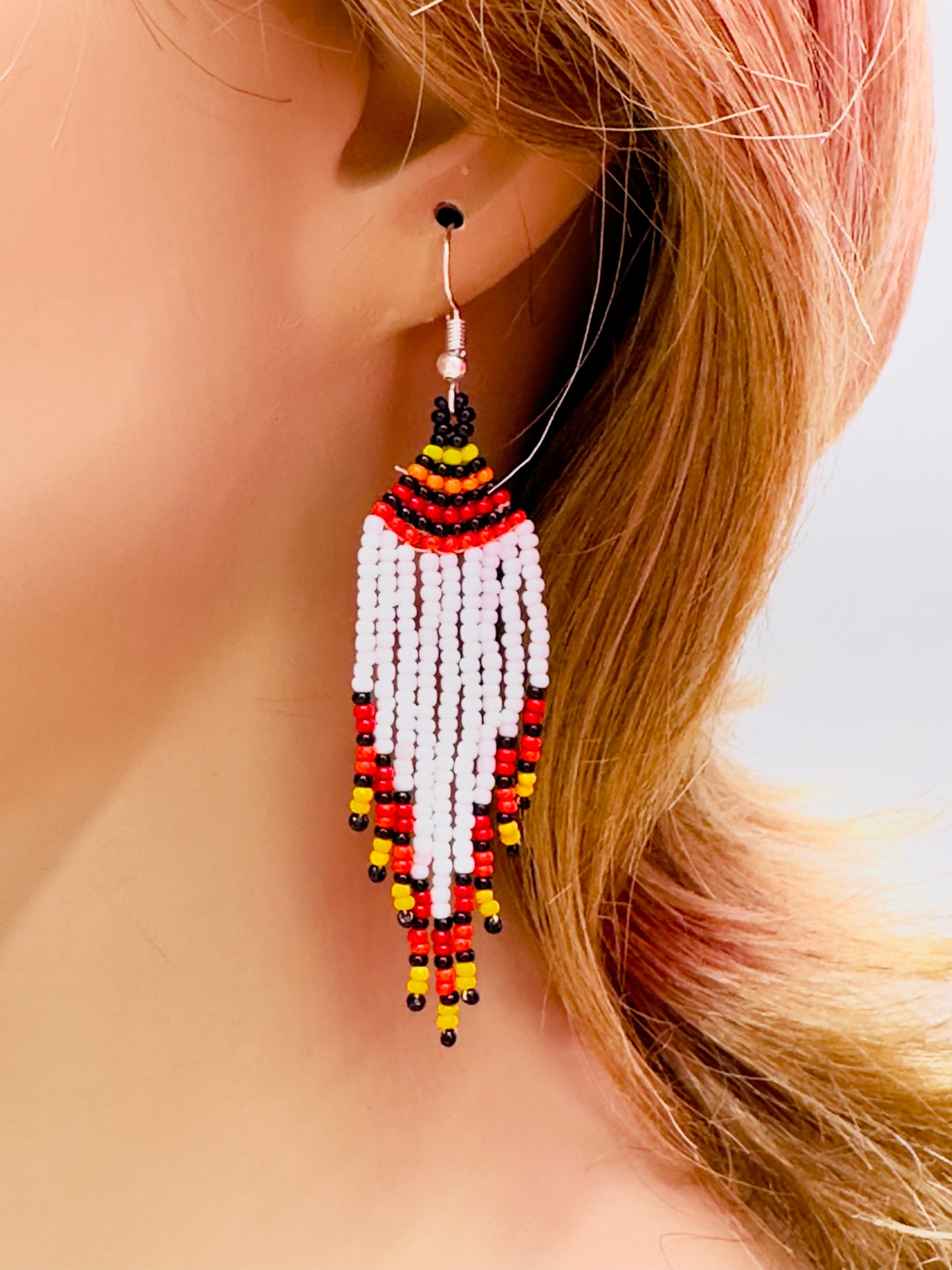 Handmade White Red Beaded Necklace Earrings Set with Pendant