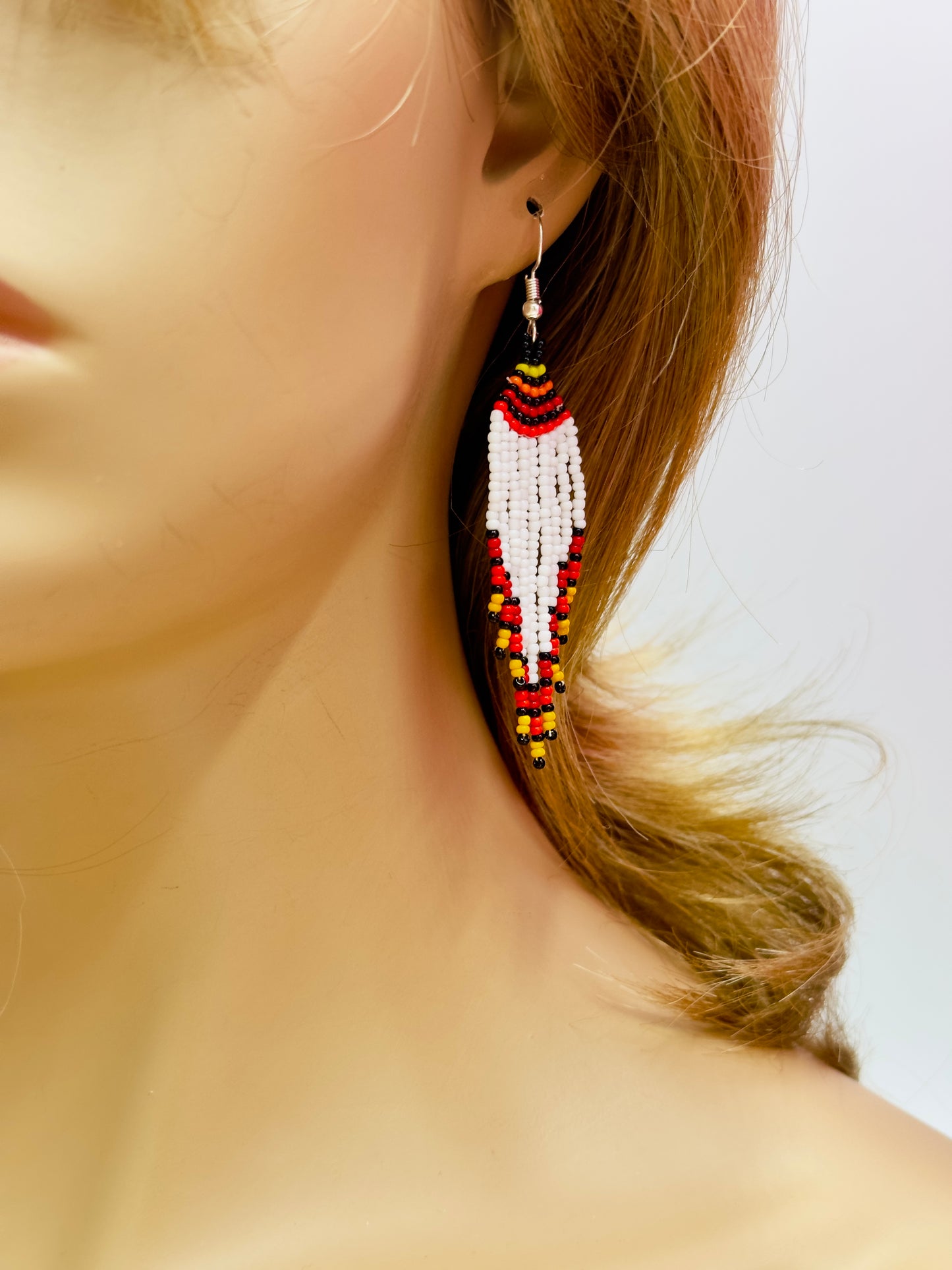 Handmade White Red Beaded Necklace Earrings Set with Pendant