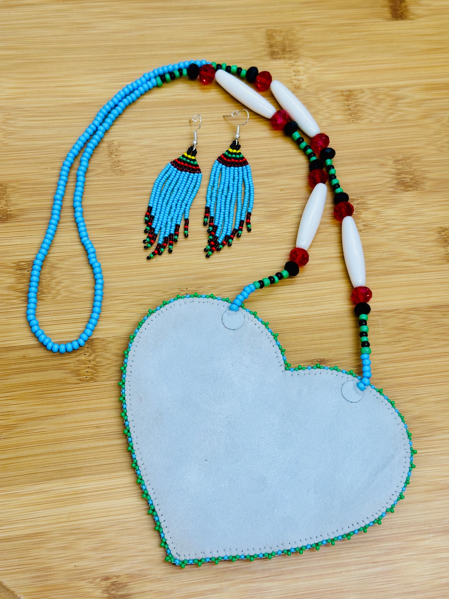 Handmade Blue Heart shape Rose Pendant necklace earrings set