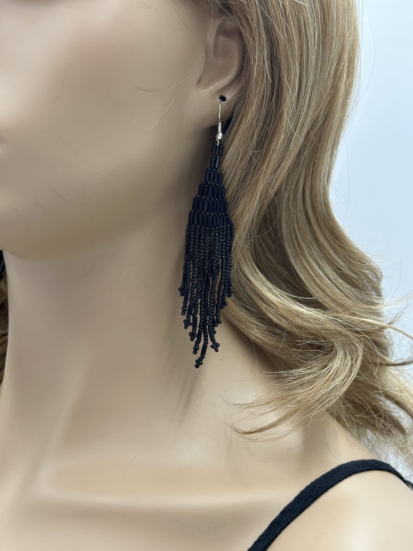 Handmade Beaded Black Seed Bead Big Earrings