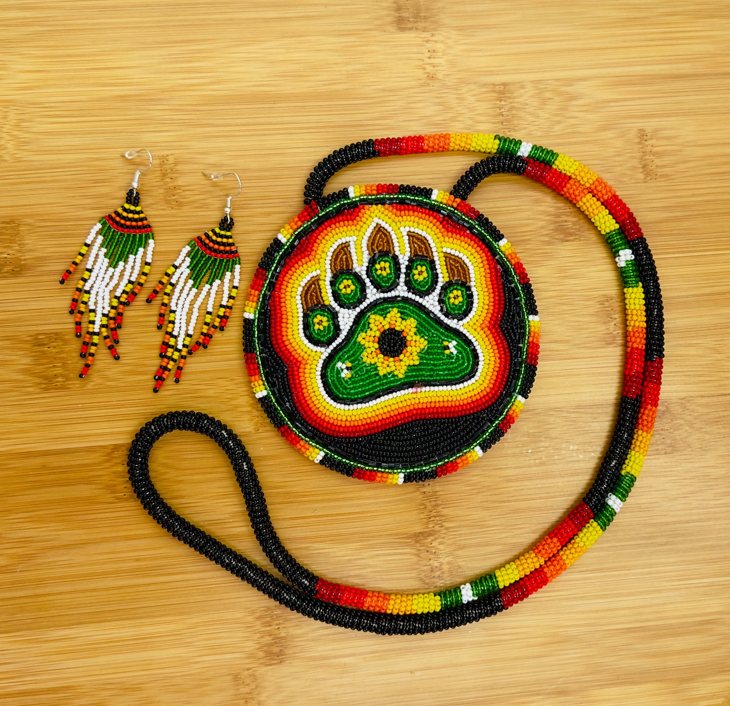 Rasta Bear Paw Beaded 5” Pendant Necklace & Earrings Set – Handmade