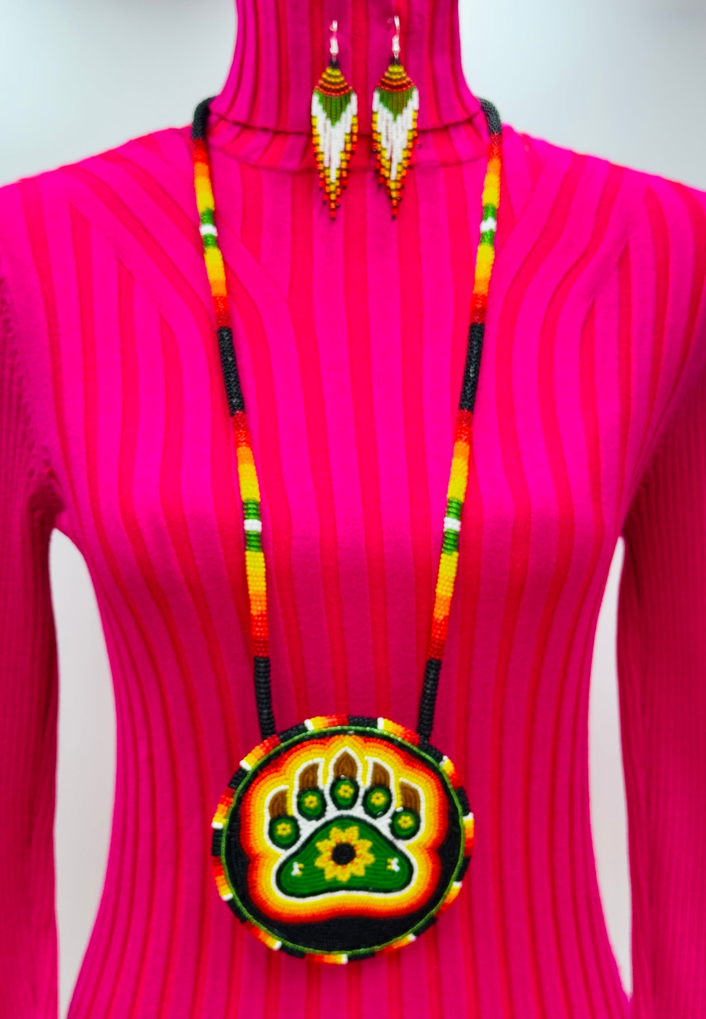 Rasta Bear Paw Beaded 5” Pendant Necklace & Earrings Set – Handmade