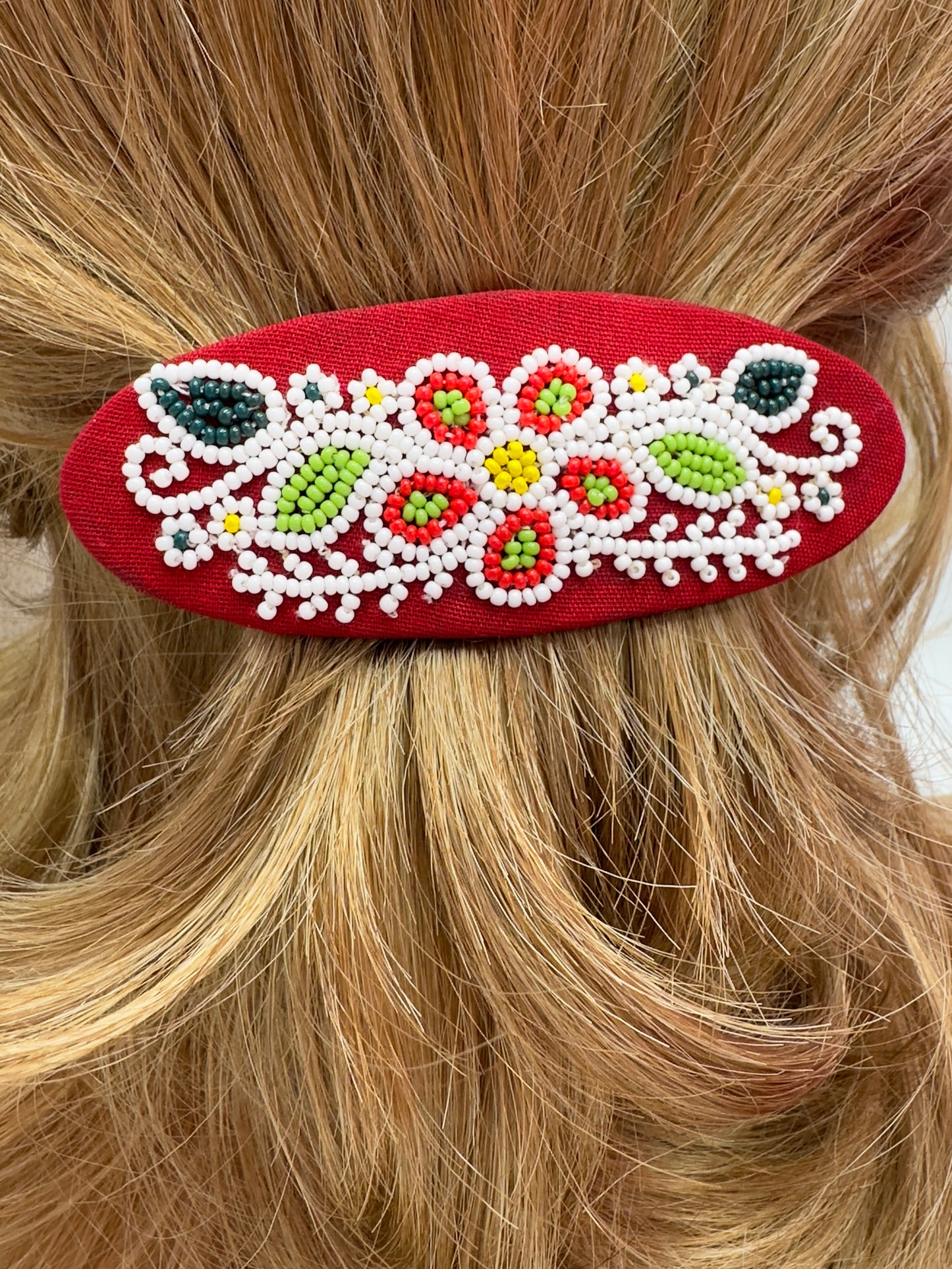 Handmade beaded Red French 4” Hair Barrette