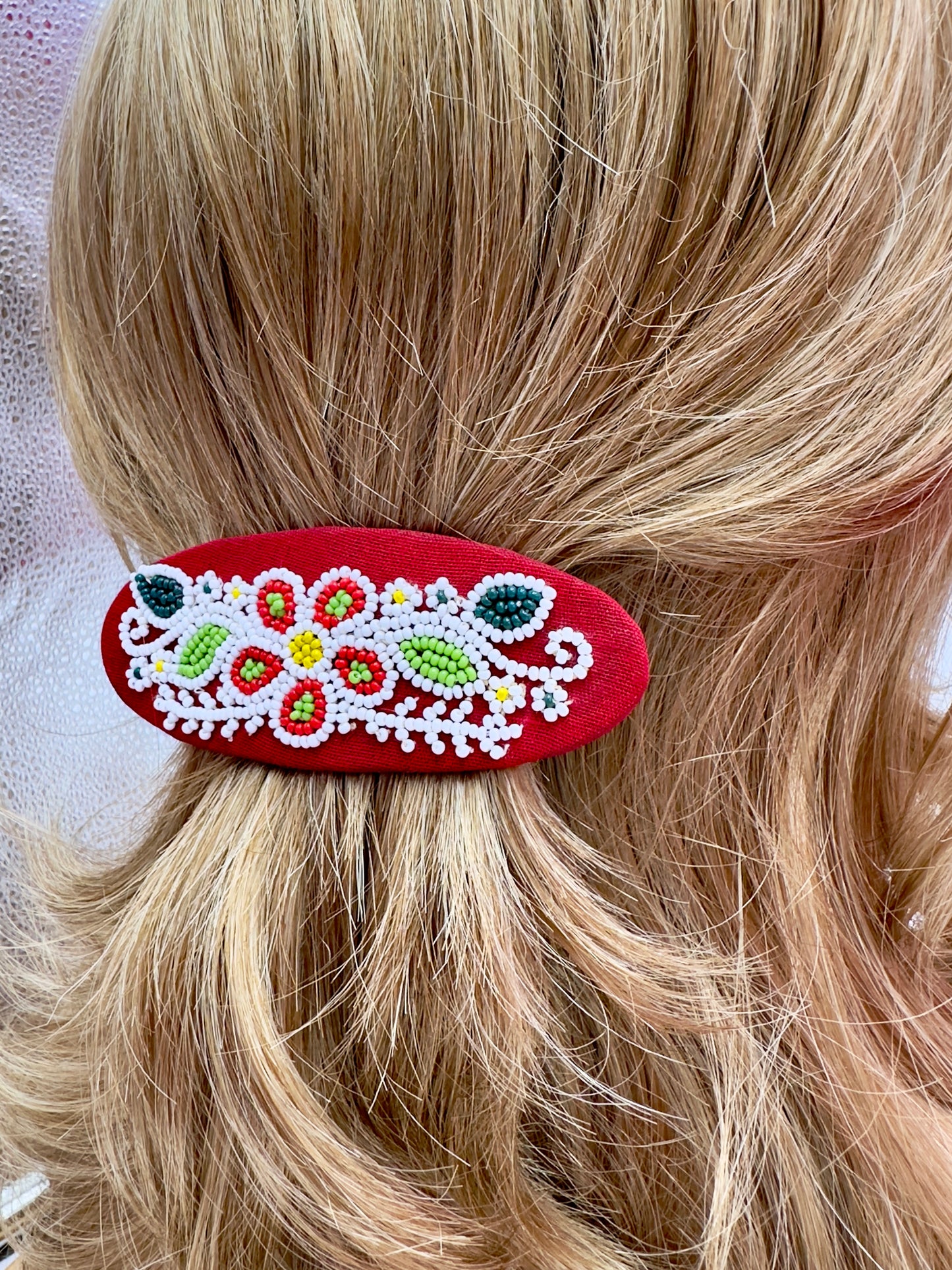 Handmade beaded Red French 4” Hair Barrette
