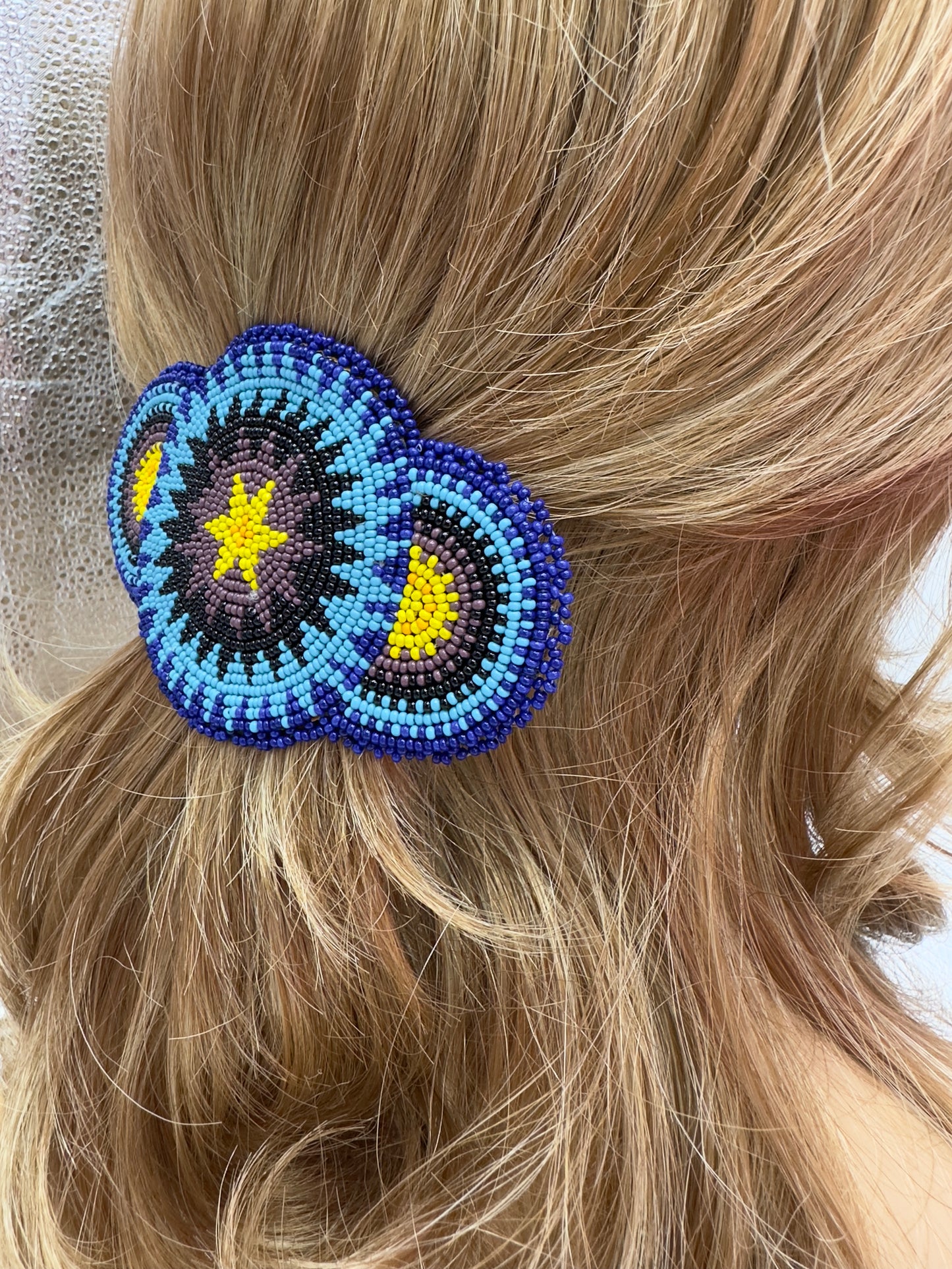Handmade Beaded Blue Barrette 5” – Starburst Design