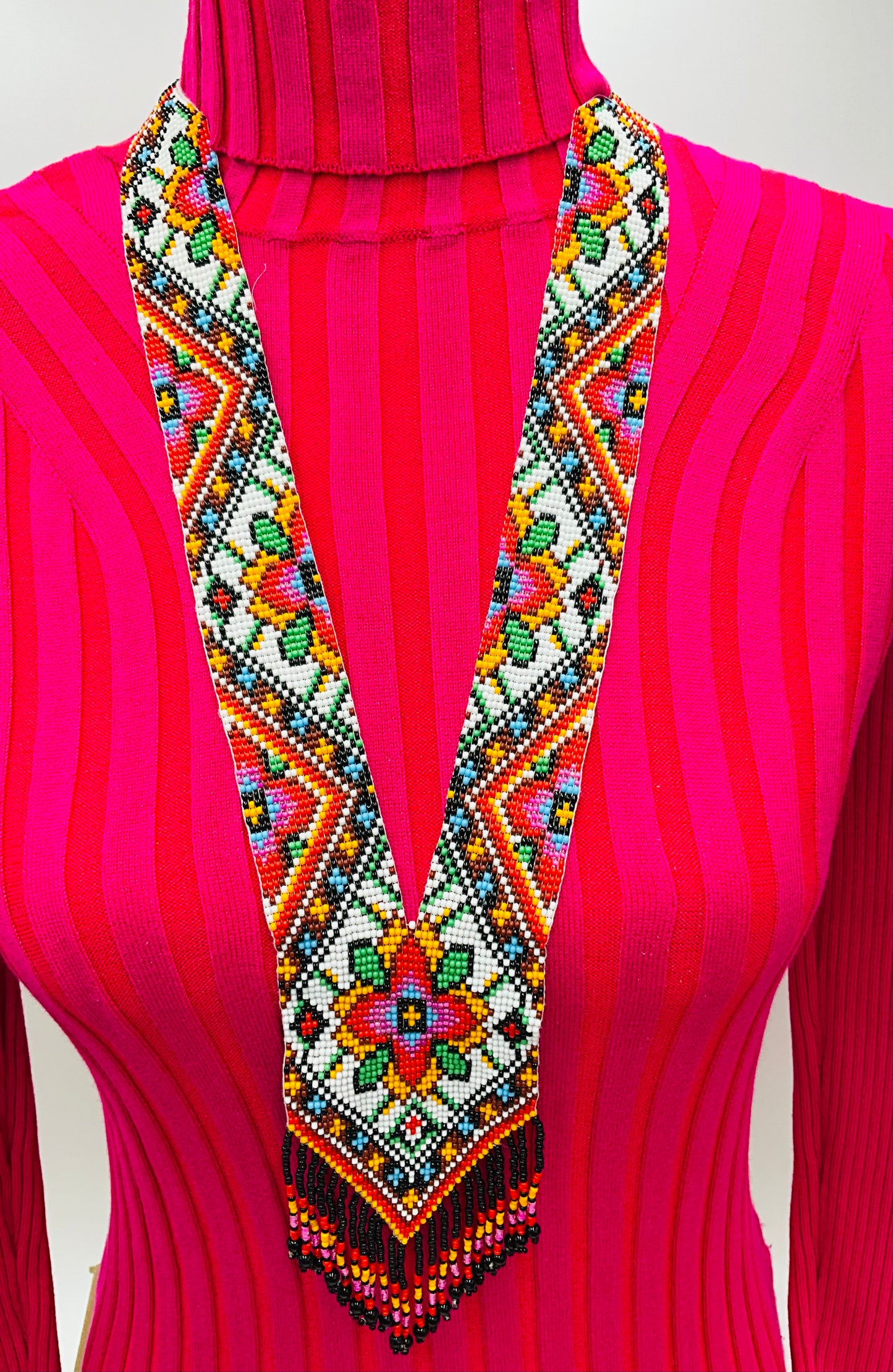 Native Tribal Style Long Statement Beaded Necklace for Women Y Shape - Red Orange Southwest