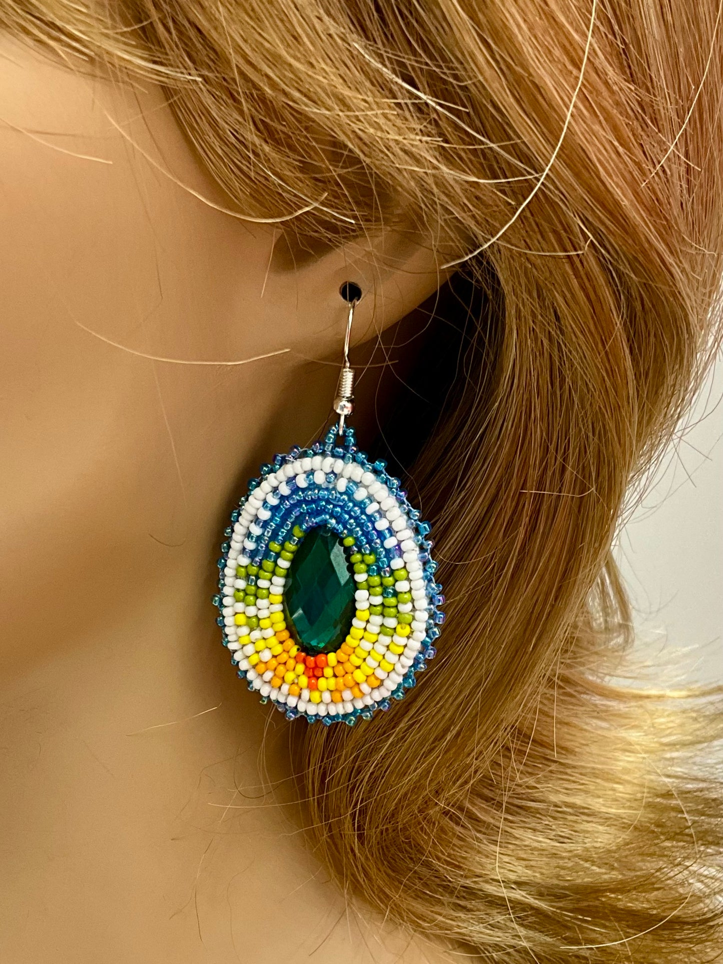 Handmade beaded Rainbow Glow Aqua Blue Beaded Earrings