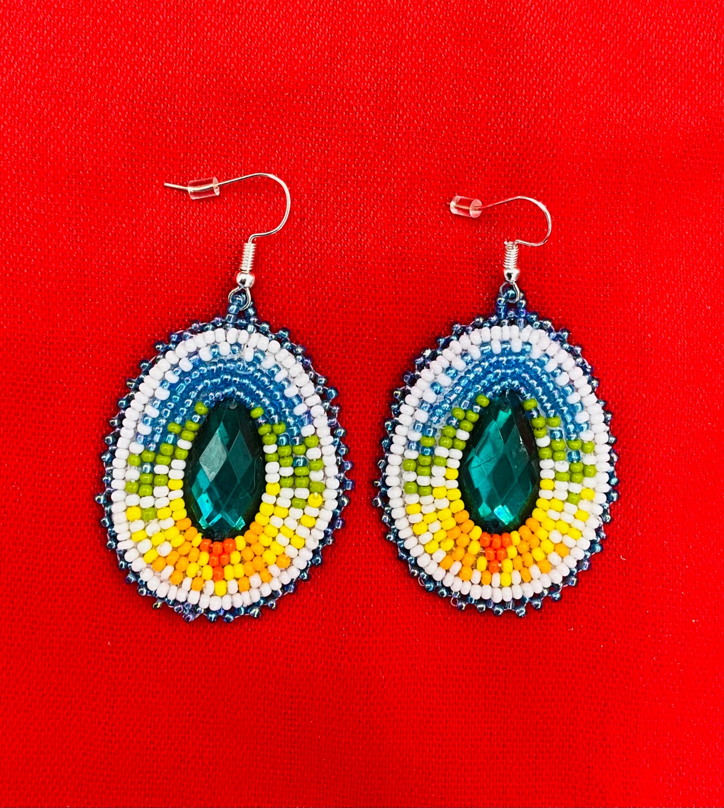 Handmade beaded Rainbow Glow Aqua Blue Beaded Earrings