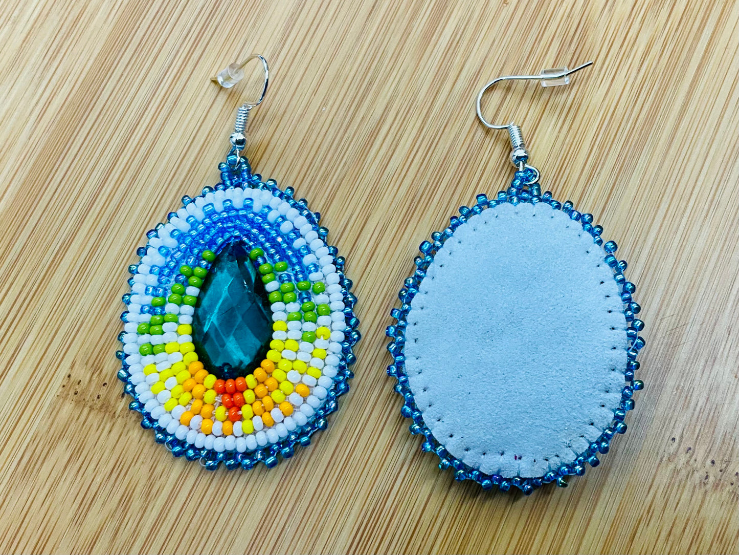 Handmade beaded Rainbow Glow Aqua Blue Beaded Earrings