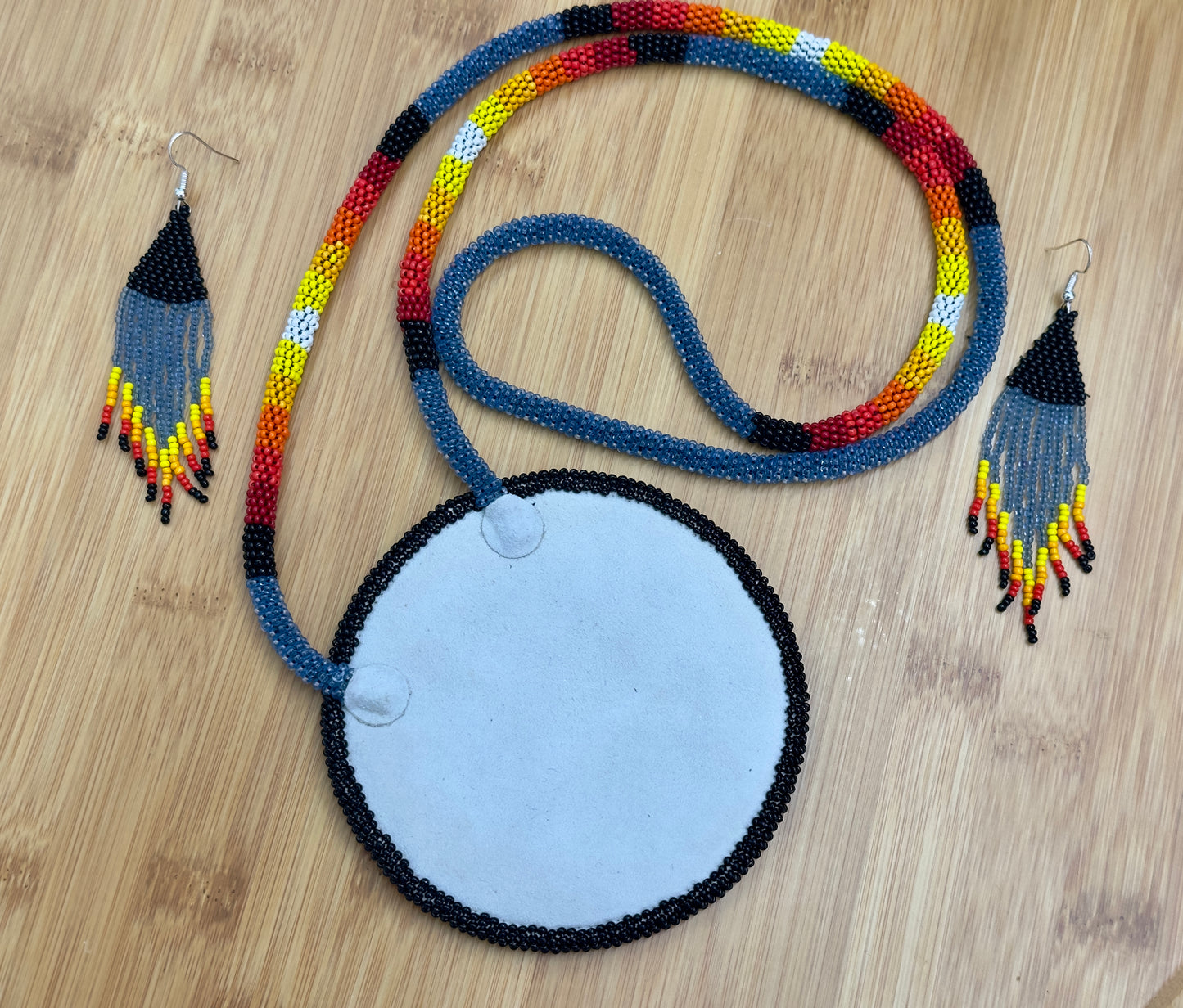 Handmade Beaded Bear Paw Blue Medallion Necklace Set