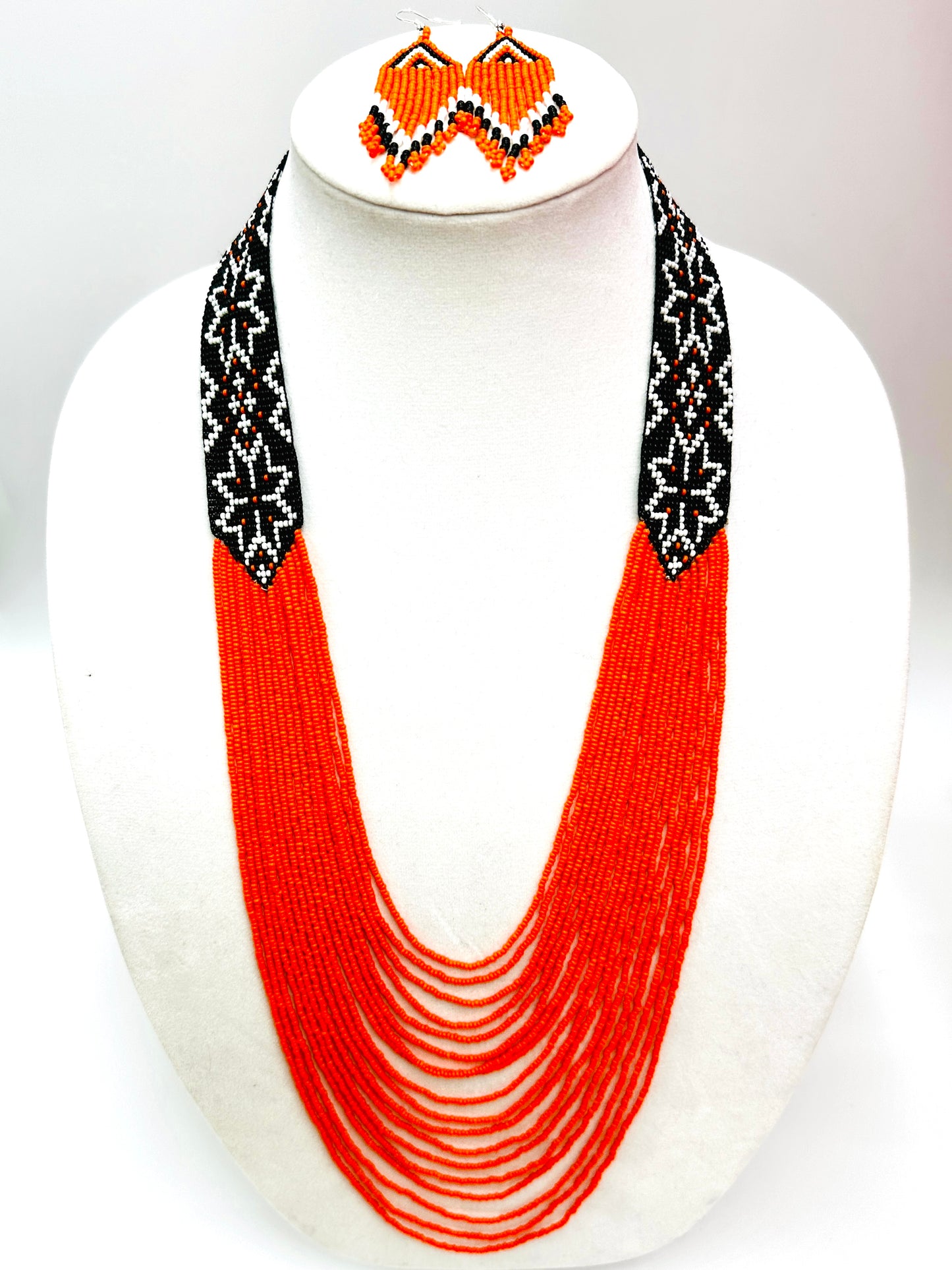 Handmade Orange & Black Beaded layered Necklace and Earring Set