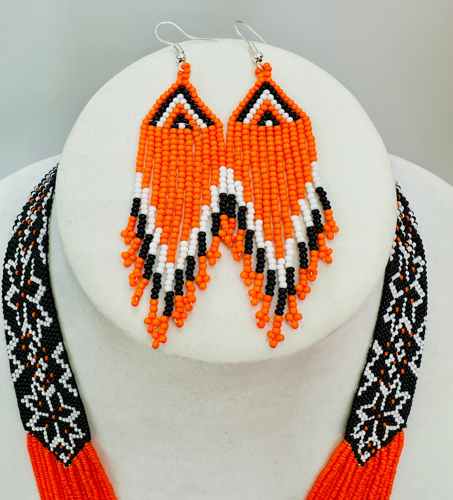 Handmade Orange & Black Beaded layered Necklace and Earring Set