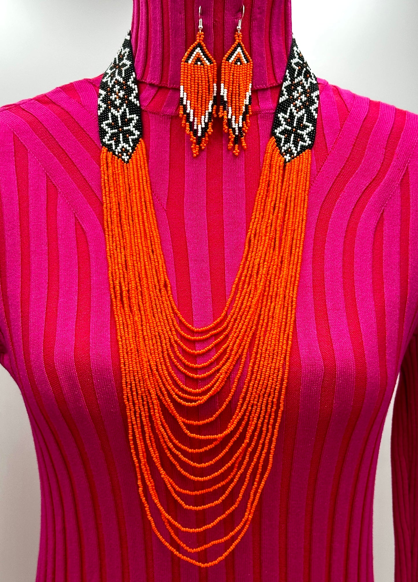 Handmade Orange & Black Beaded layered Necklace and Earring Set