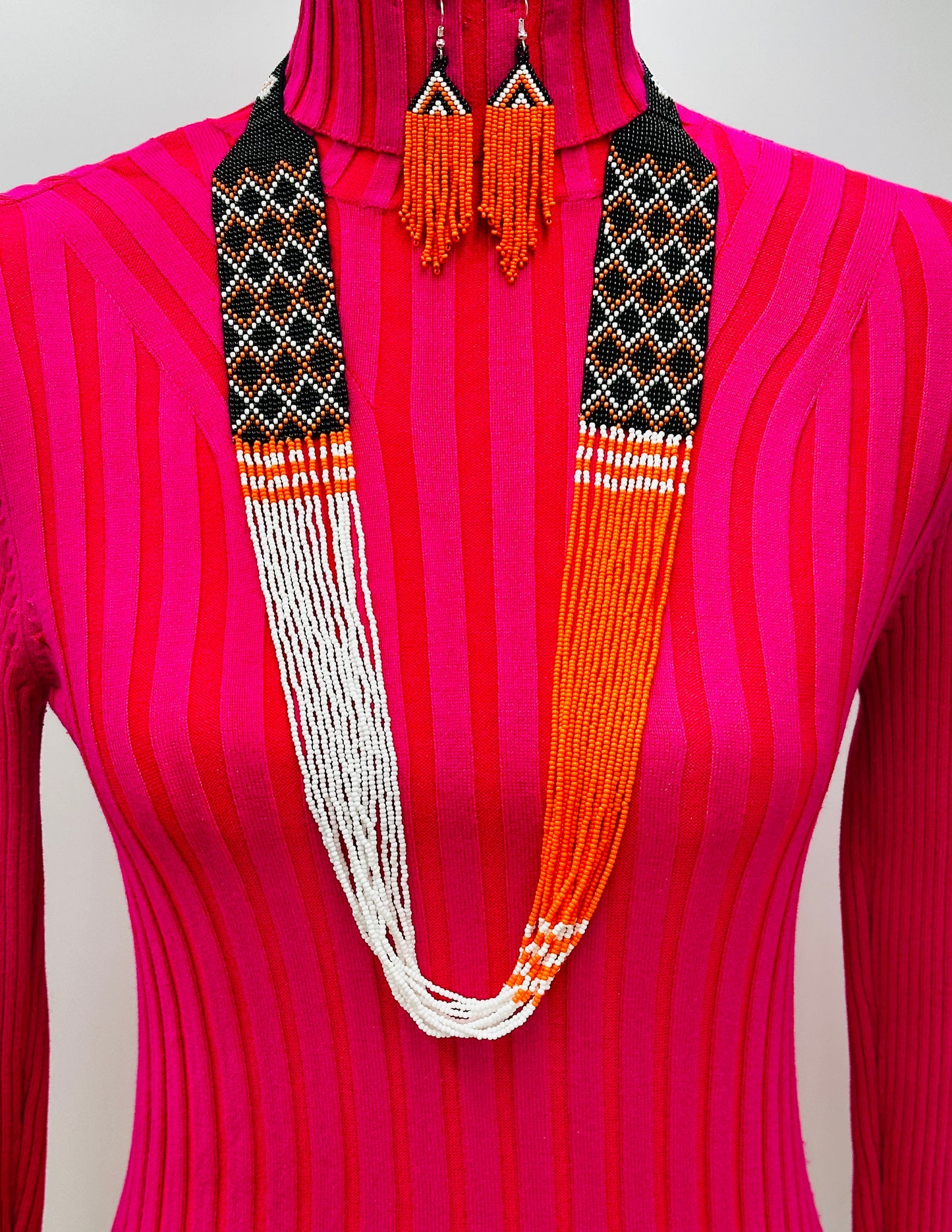 Handmade Beaded Statement Necklace & Earrings Set – Orange, Black, White