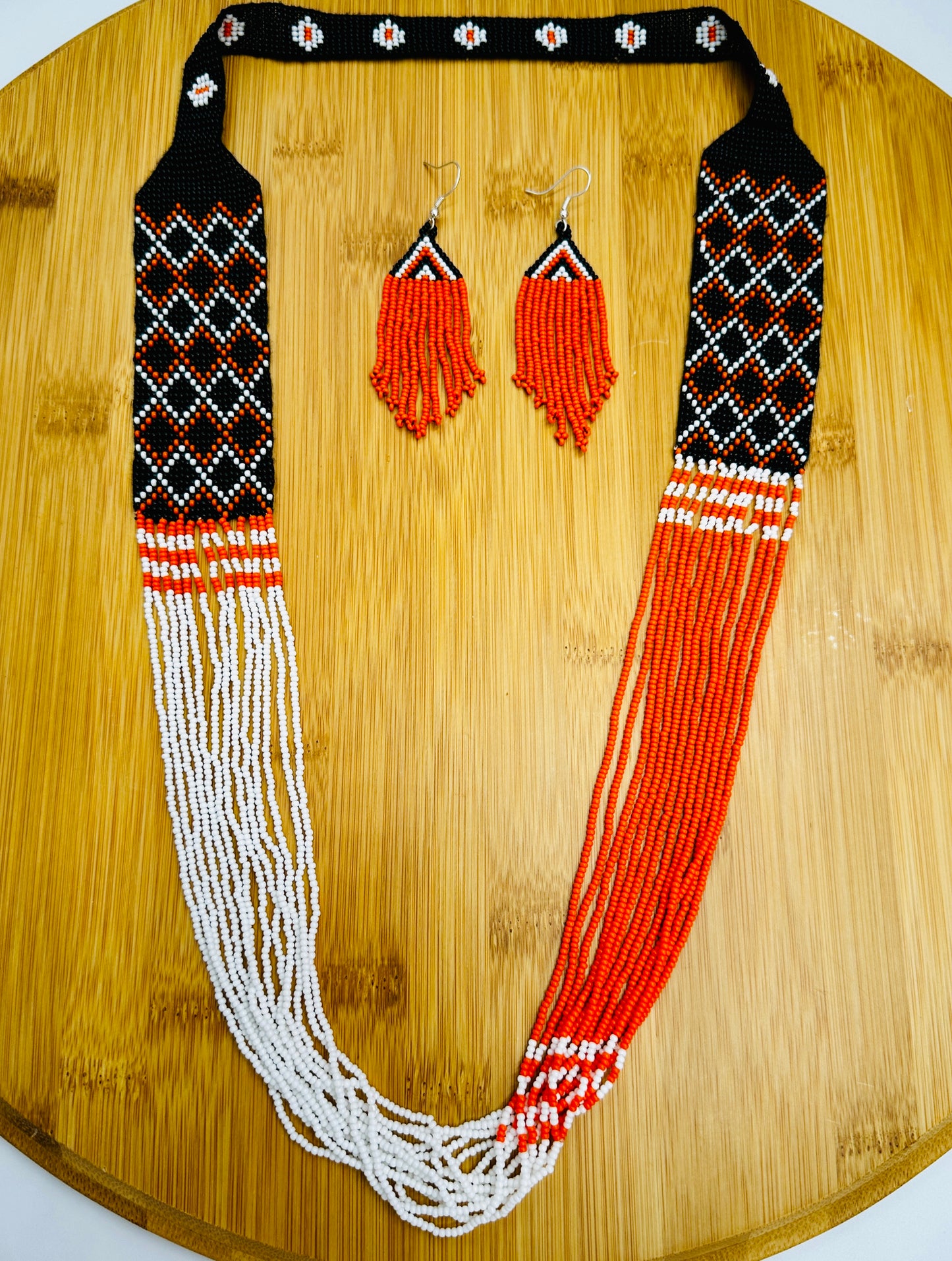 Handmade Beaded Statement Necklace & Earrings Set – Orange, Black, White