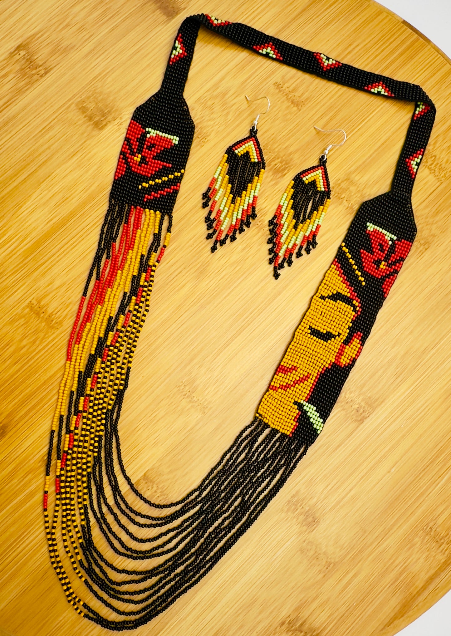 Handmade Beaded Necklace, Earrings Set – Orange Black Frida inspired