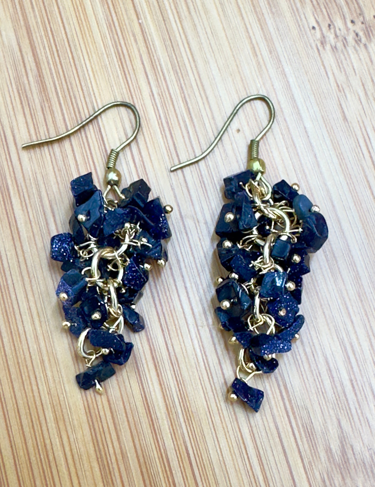 Blue Goldstone Gemstone Dangle Earrings – Handmade with Gold Accents
