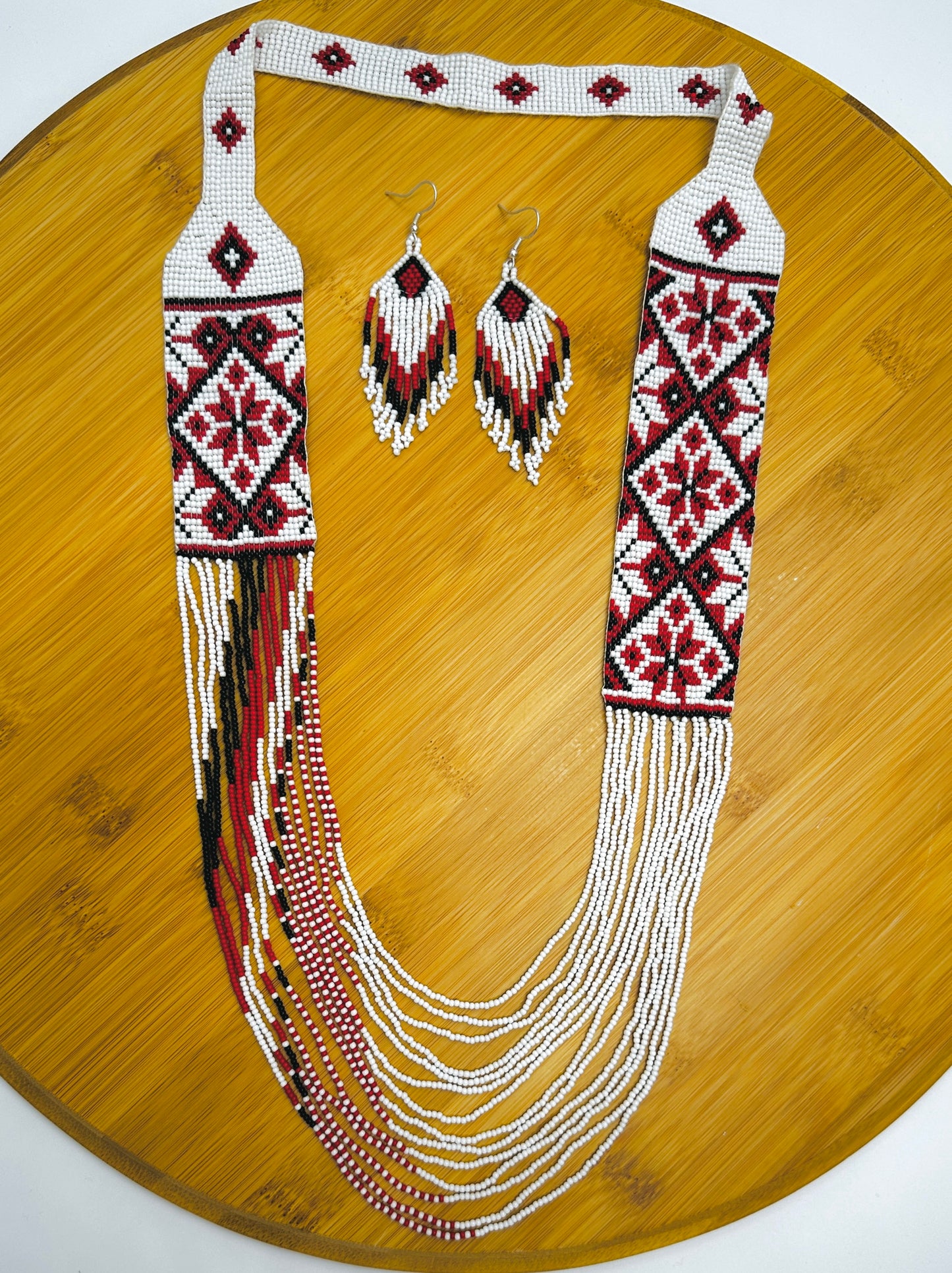 Handmade Beaded Necklace and Earring Set – Red, White & Black Tribal Pattern