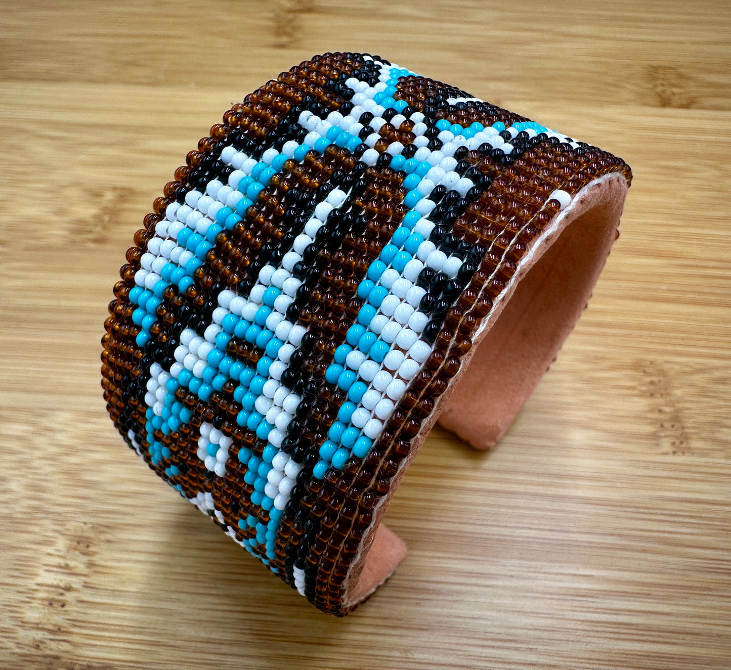 Handmade Beaded Cuff Bracelet β Brown, Turquoise & White 1.5β