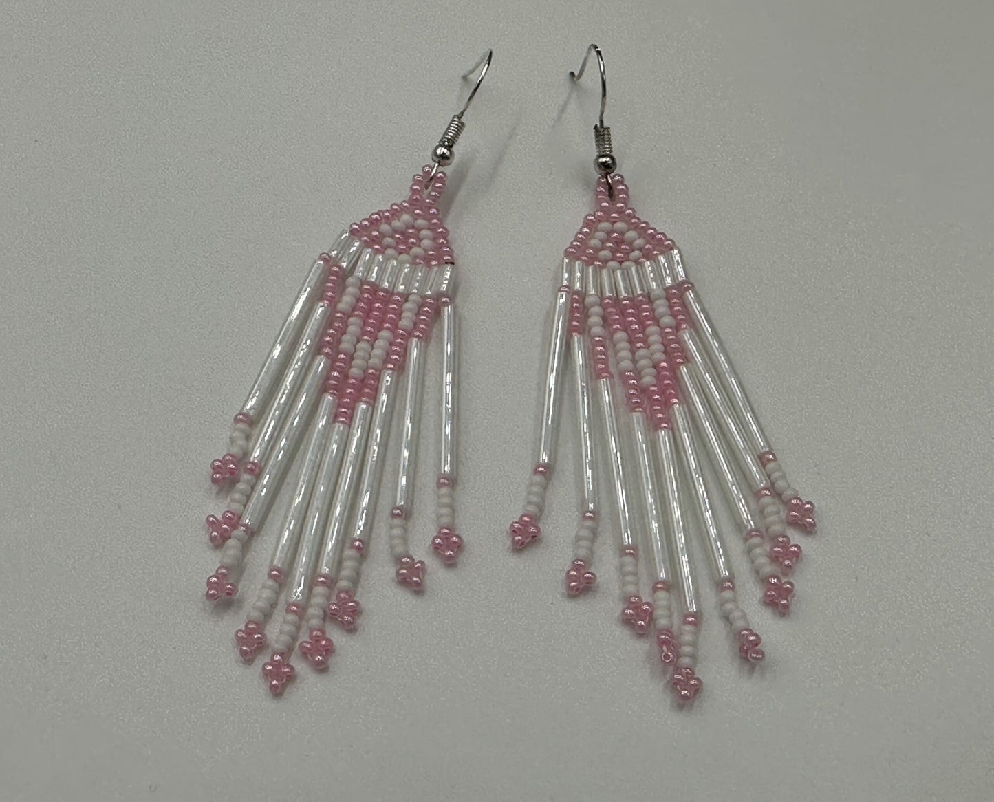 Handmade White Pink Beaded Hook Earrings with Czech Seed Beads, Lightweight Design