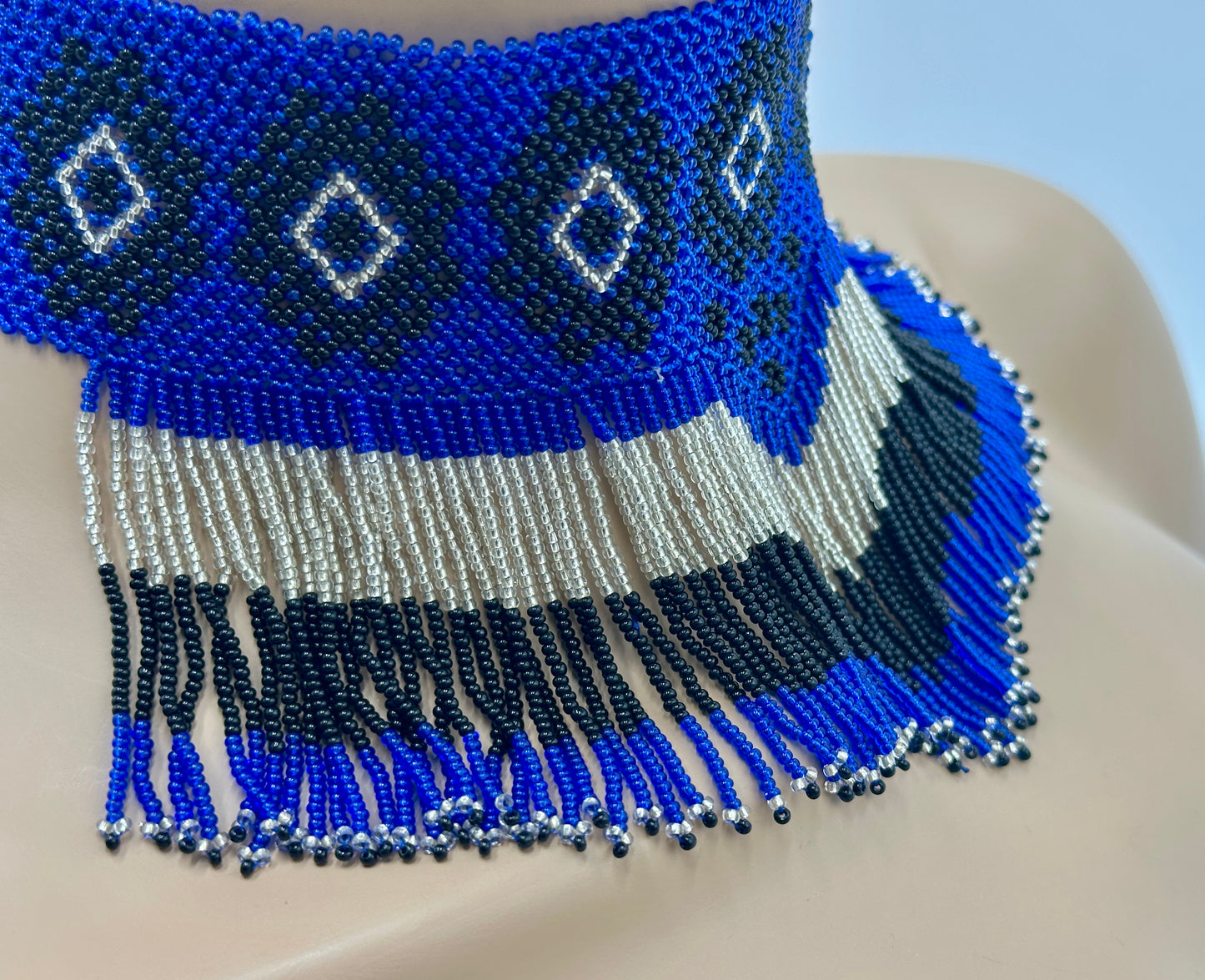 Royal Blue Czech Seed Bead Fringe Statement Necklace – Handmade Boho Choker