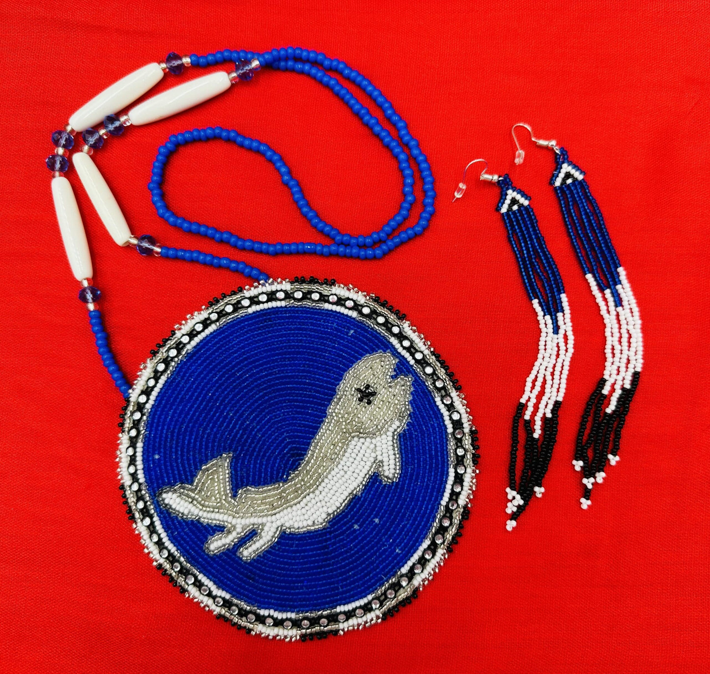 Handmade Beaded Necklace Earring Set with Large 5 inch Rossette Pendant - Blue Silver Fish