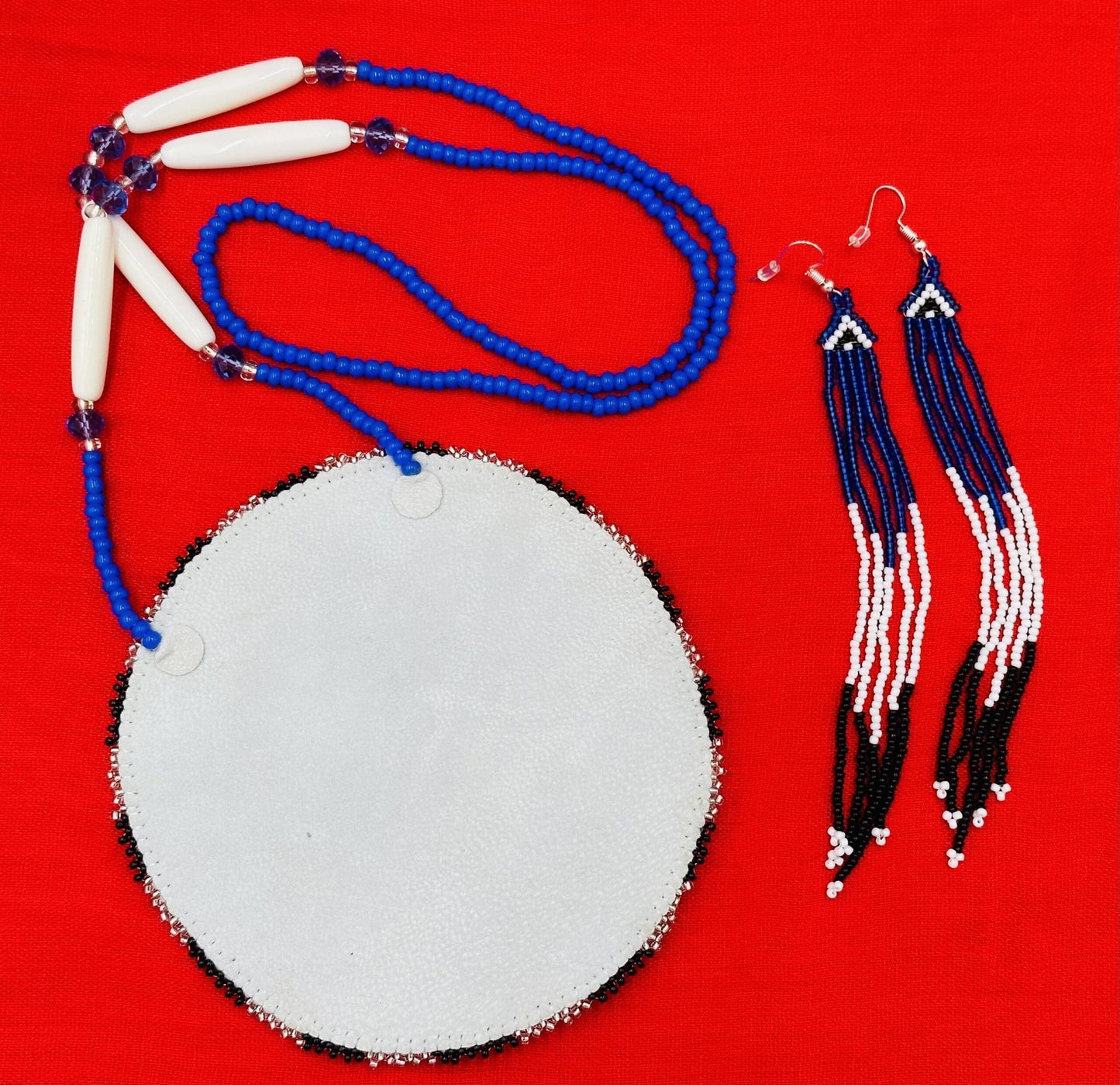 Handmade Beaded Necklace Earring Set with Large 5 inch Rossette Pendant - Blue Silver Fish