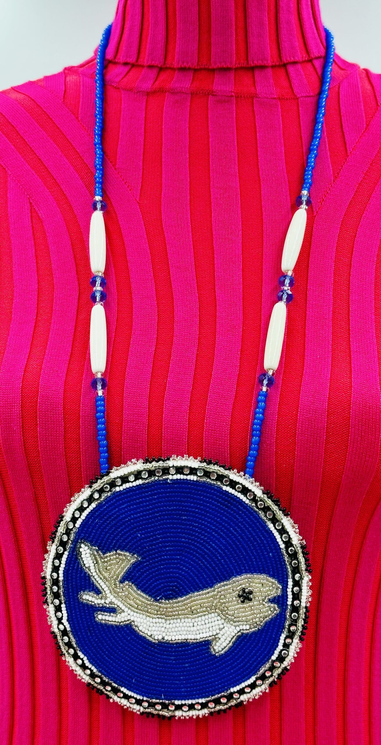 Handmade Beaded Necklace Earring Set with Large 5 inch Rossette Pendant - Blue Silver Fish