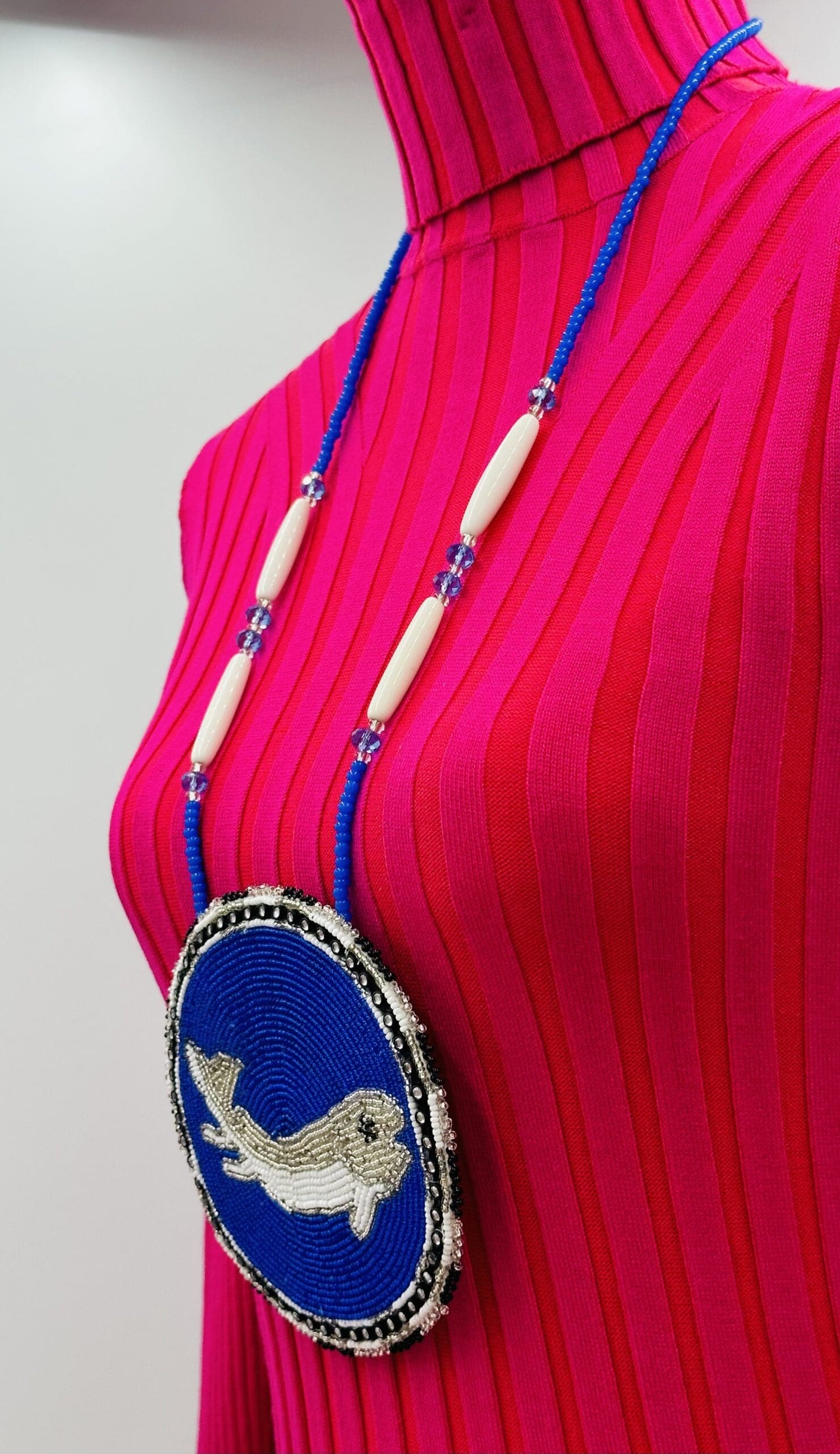 Handmade Beaded Necklace Earring Set with Large 5 inch Rossette Pendant - Blue Silver Fish