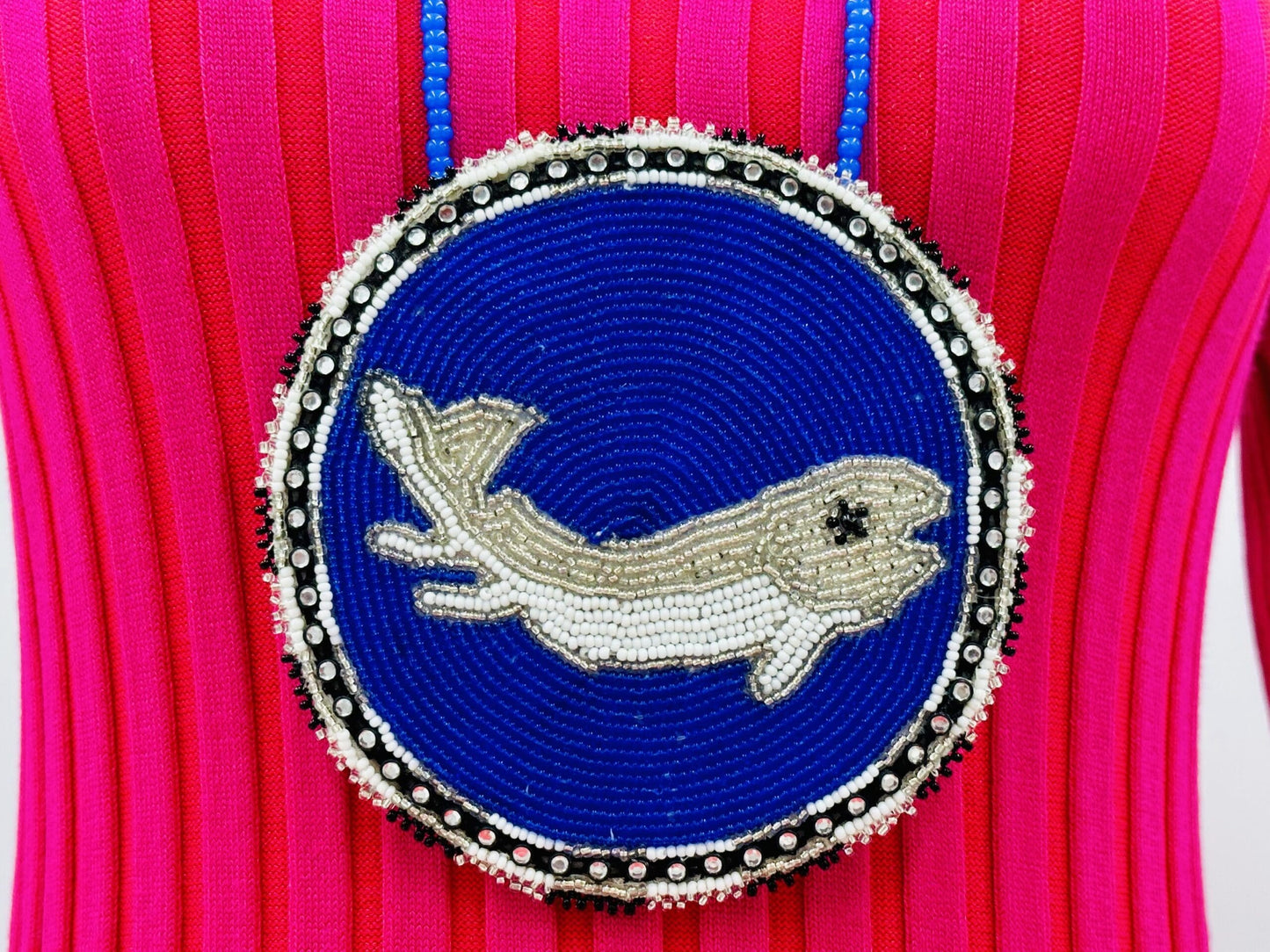 Handmade Beaded Necklace Earring Set with Large 5 inch Rossette Pendant - Blue Silver Fish