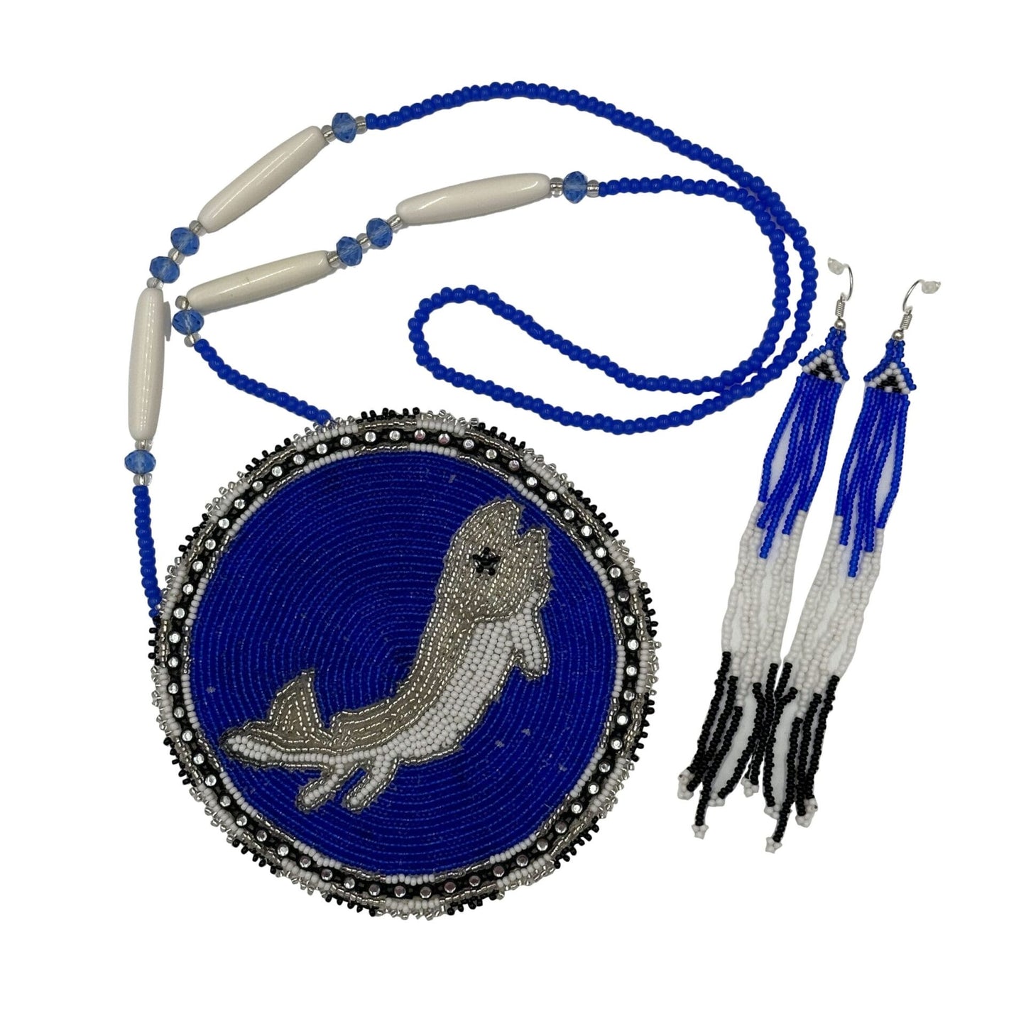 Handmade Beaded Necklace Earring Set with Large 5 inch Rossette Pendant - Blue Silver Fish