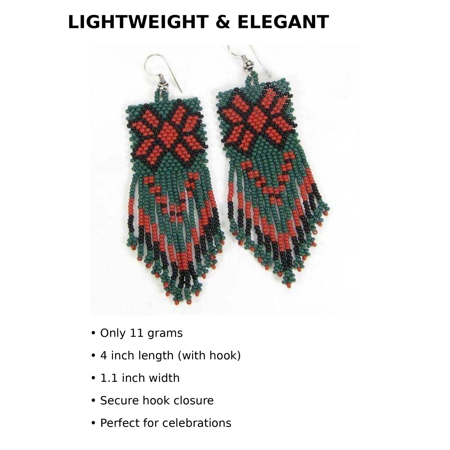 Handmade Beaded Red Green Drop Vacation Party Hook Earrings, great gift