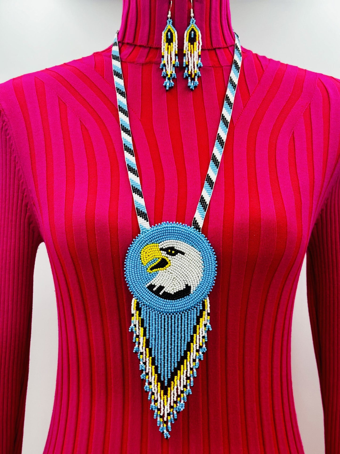 Handmade Beaded Necklace Earrings Set with 2-3 Inch Rosette Pendant - Bald Eagle