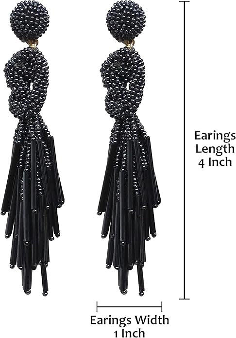 Charcoal Gray Handmade Beaded Tassel Earrings – Elegant Statement Fringe Dangle Earrings 4”